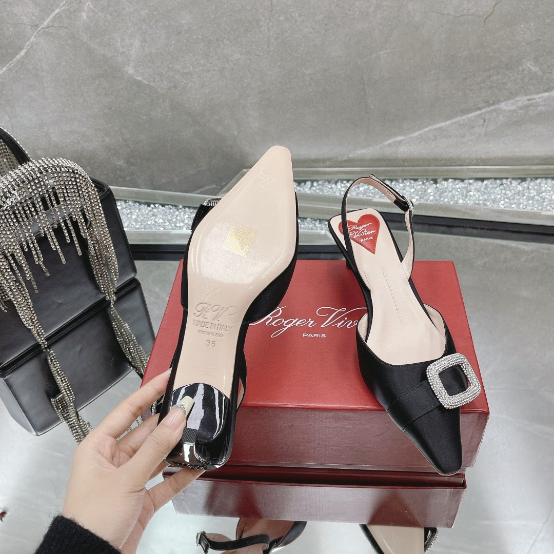 Roger vivor spring and summer silk satin, original diamond-encrusted RV classic diamond buckle heels