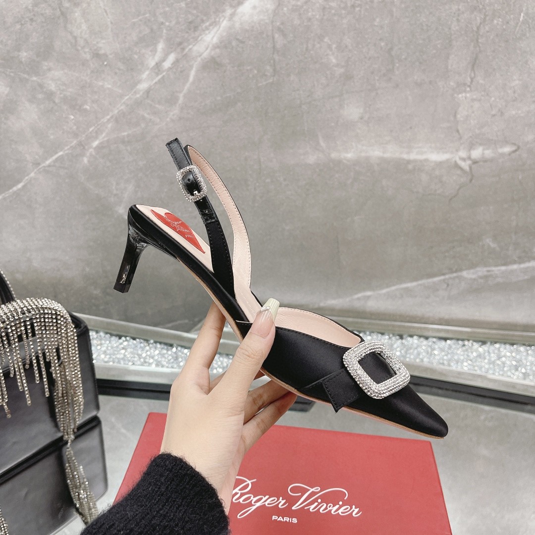 Roger vivor spring and summer silk satin, original diamond-encrusted RV classic diamond buckle heels