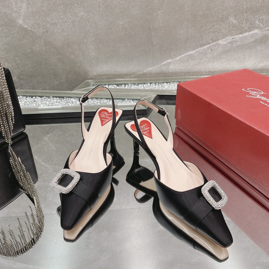 Roger vivor spring and summer silk satin, original diamond-encrusted RV classic diamond buckle heels