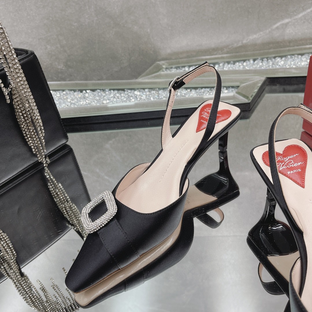 Roger vivor spring and summer silk satin, original diamond-encrusted RV classic diamond buckle heels