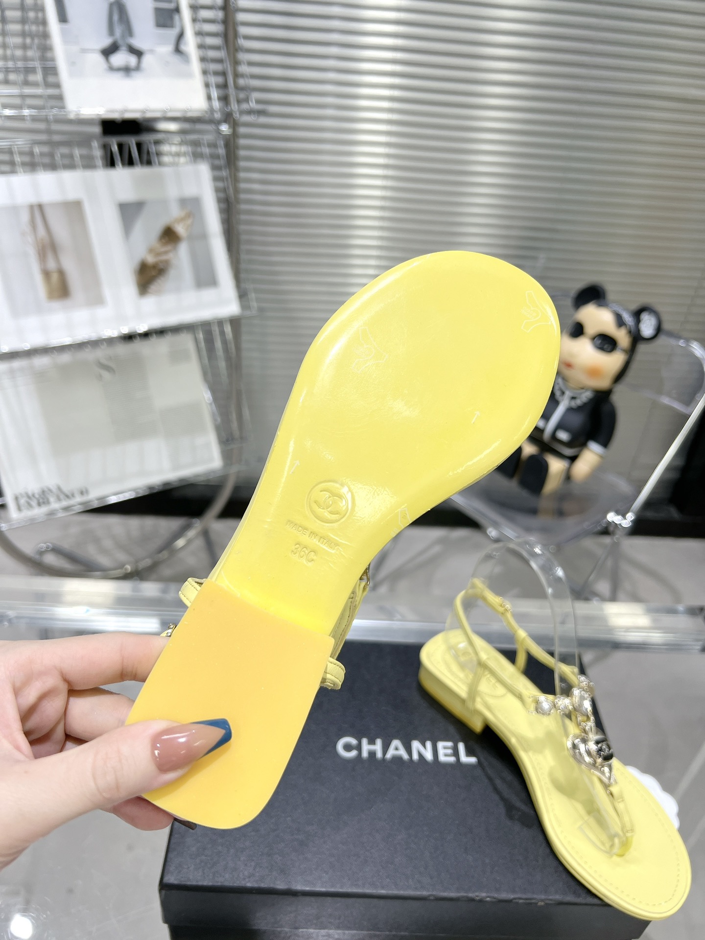 Chanel pearl rhinestone love clasp clip-toe flat sandals.