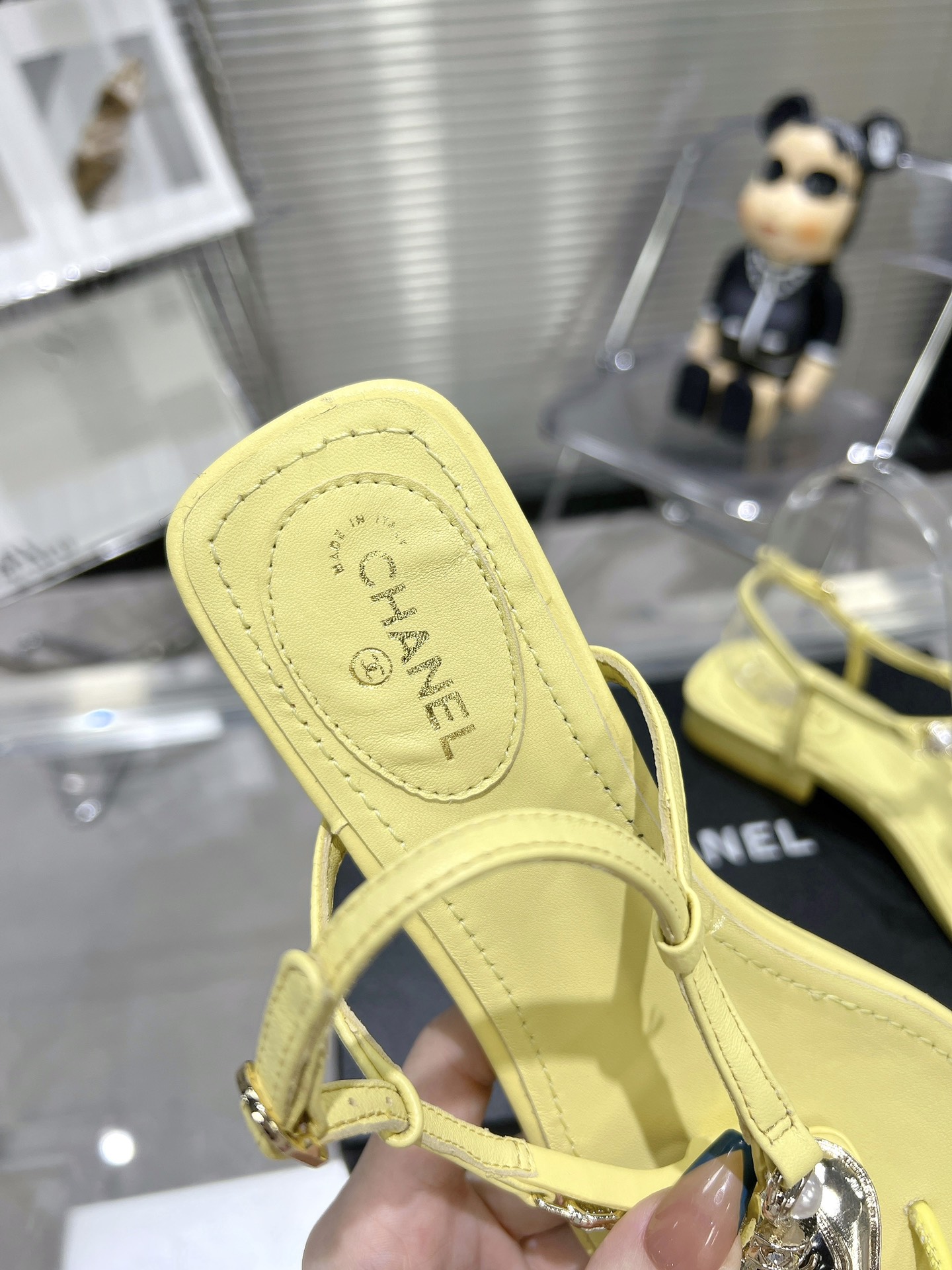 Chanel pearl rhinestone love clasp clip-toe flat sandals.