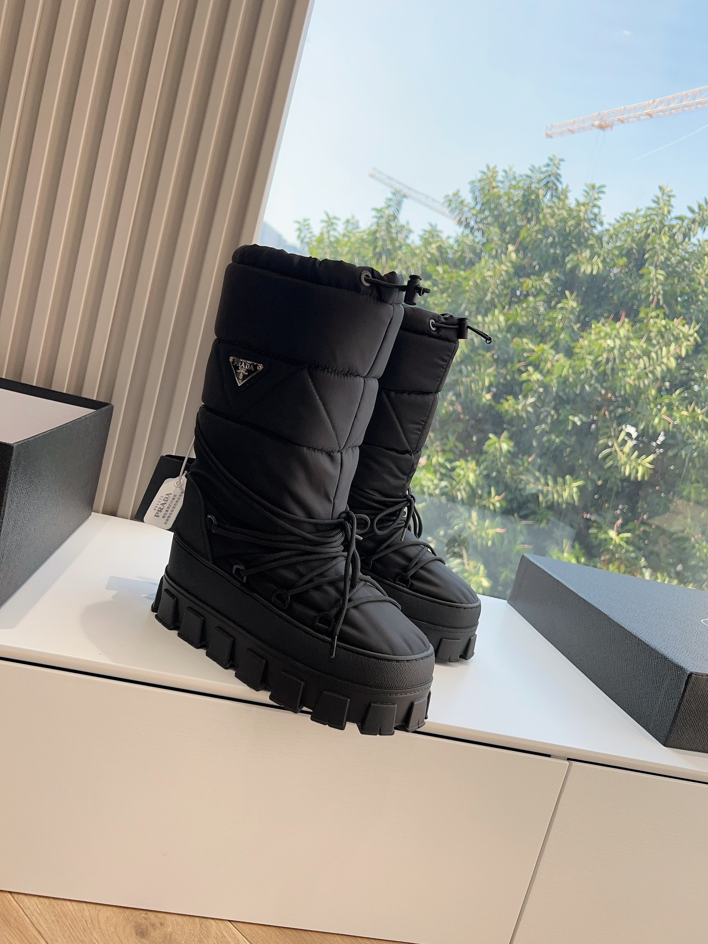 Prada Women's Logo Nylon Gabardine Snow Party Metal Label Gear Thick-Sole Shrink Tie-Up Down Snow Boots