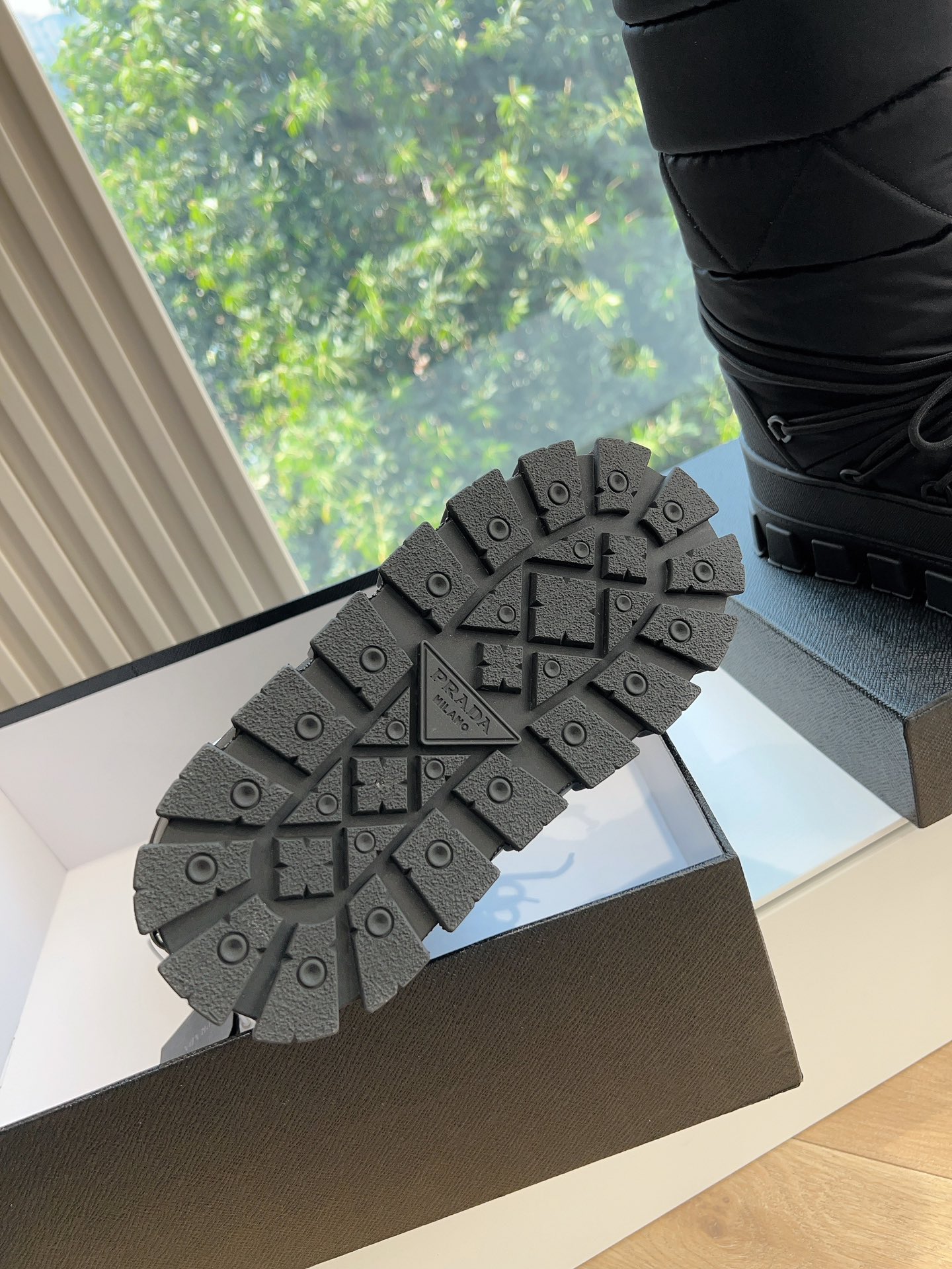 Prada Women's Logo Nylon Gabardine Snow Party Metal Label Gear Thick-Sole Shrink Tie-Up Down Snow Boots