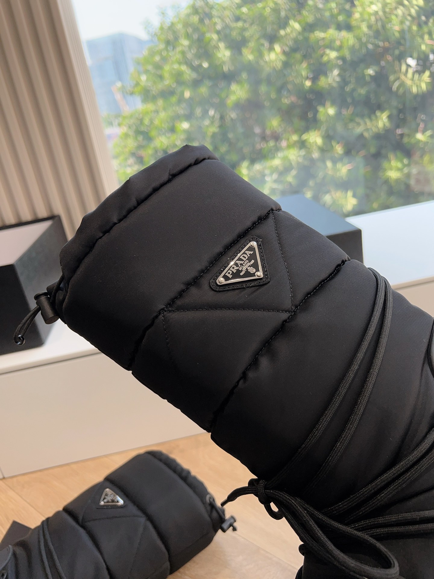 Prada Women's Logo Nylon Gabardine Snow Party Metal Label Gear Thick-Sole Shrink Tie-Up Down Snow Boots