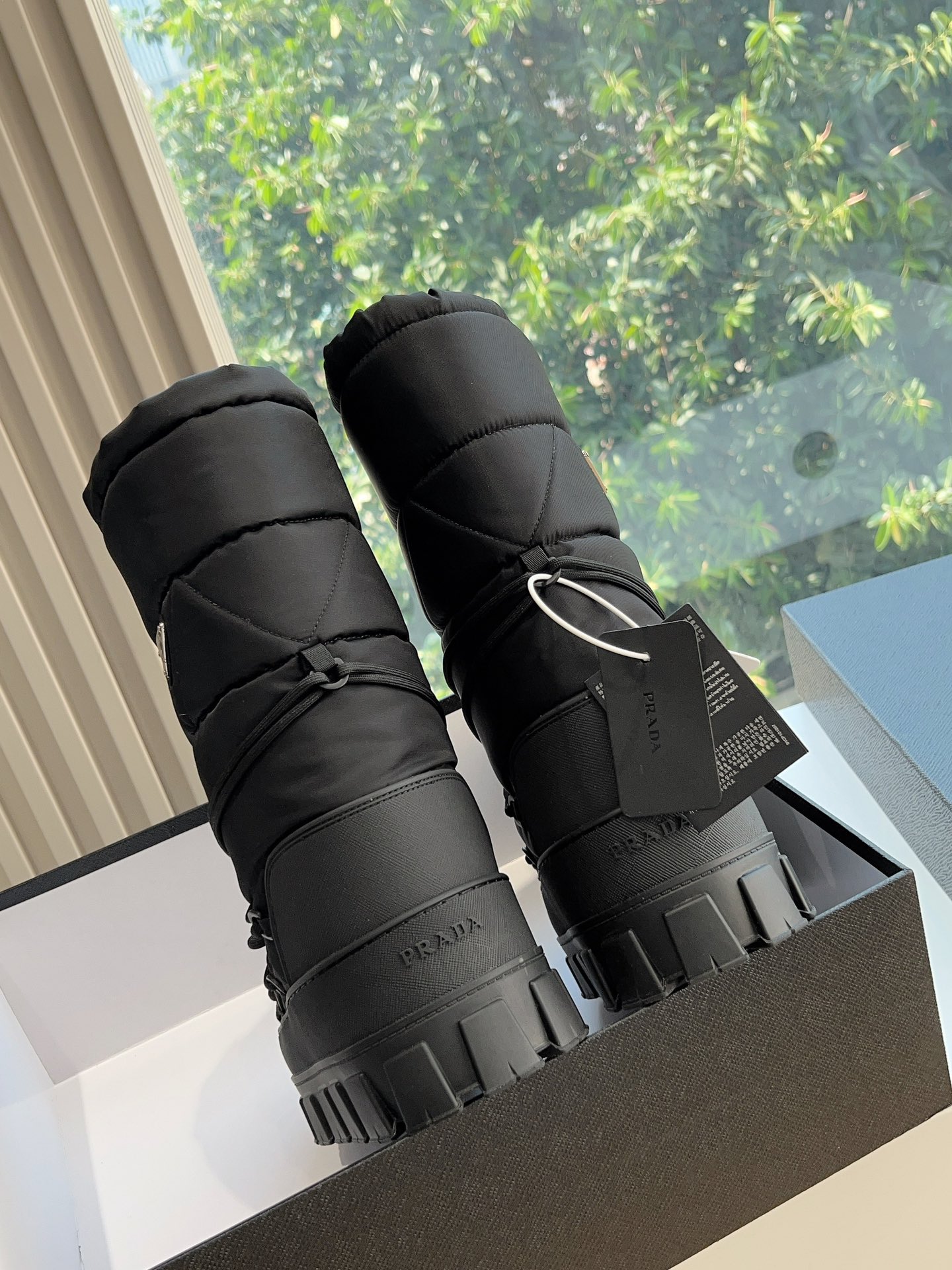 Prada Women's Logo Nylon Gabardine Snow Party Metal Label Gear Thick-Sole Shrink Tie-Up Down Snow Boots