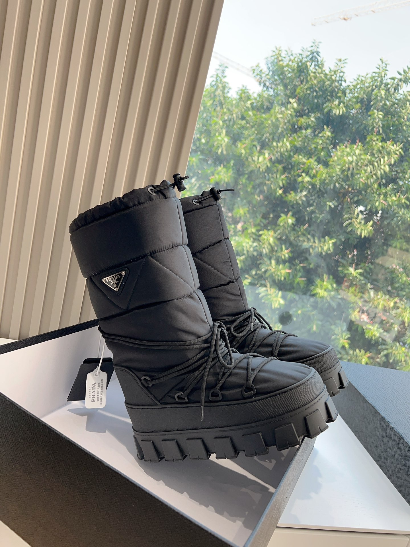 Prada Women's Logo Nylon Gabardine Snow Party Metal Label Gear Thick-Sole Shrink Tie-Up Down Snow Boots