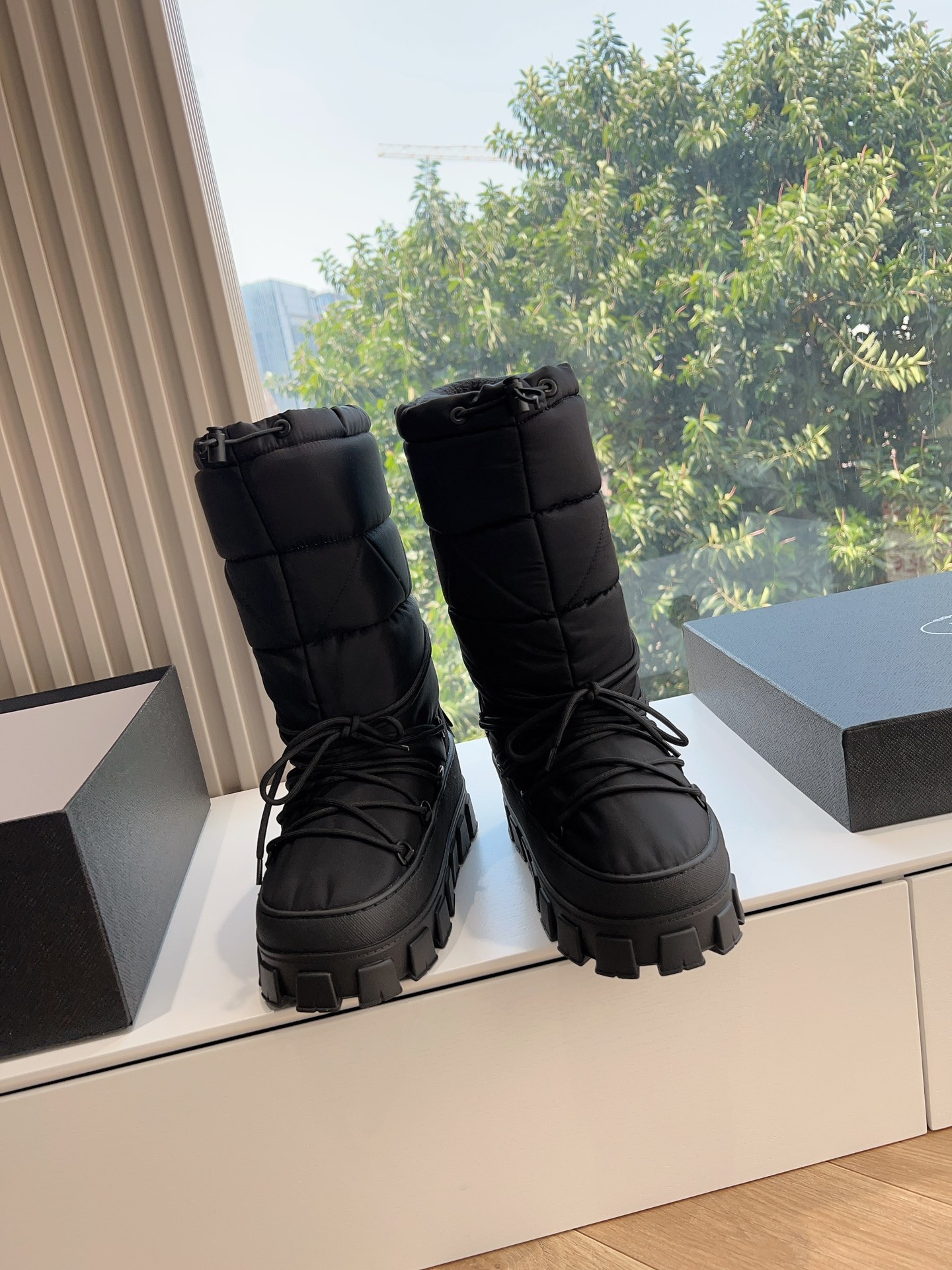 Prada Women's Logo Nylon Gabardine Snow Party Metal Label Gear Thick-Sole Shrink Tie-Up Down Snow Boots