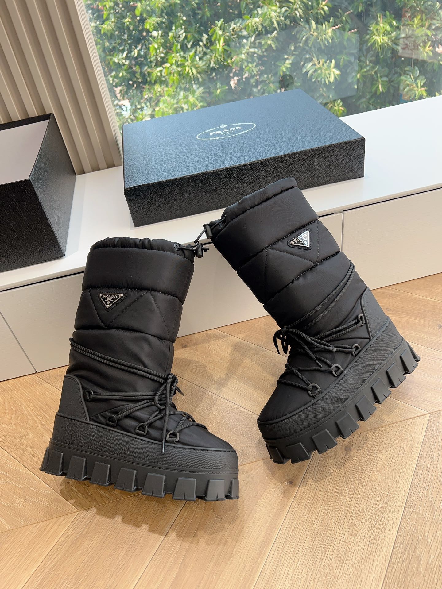 Prada Women's Logo Nylon Gabardine Snow Party Metal Label Gear Thick-Sole Shrink Tie-Up Down Snow Boots