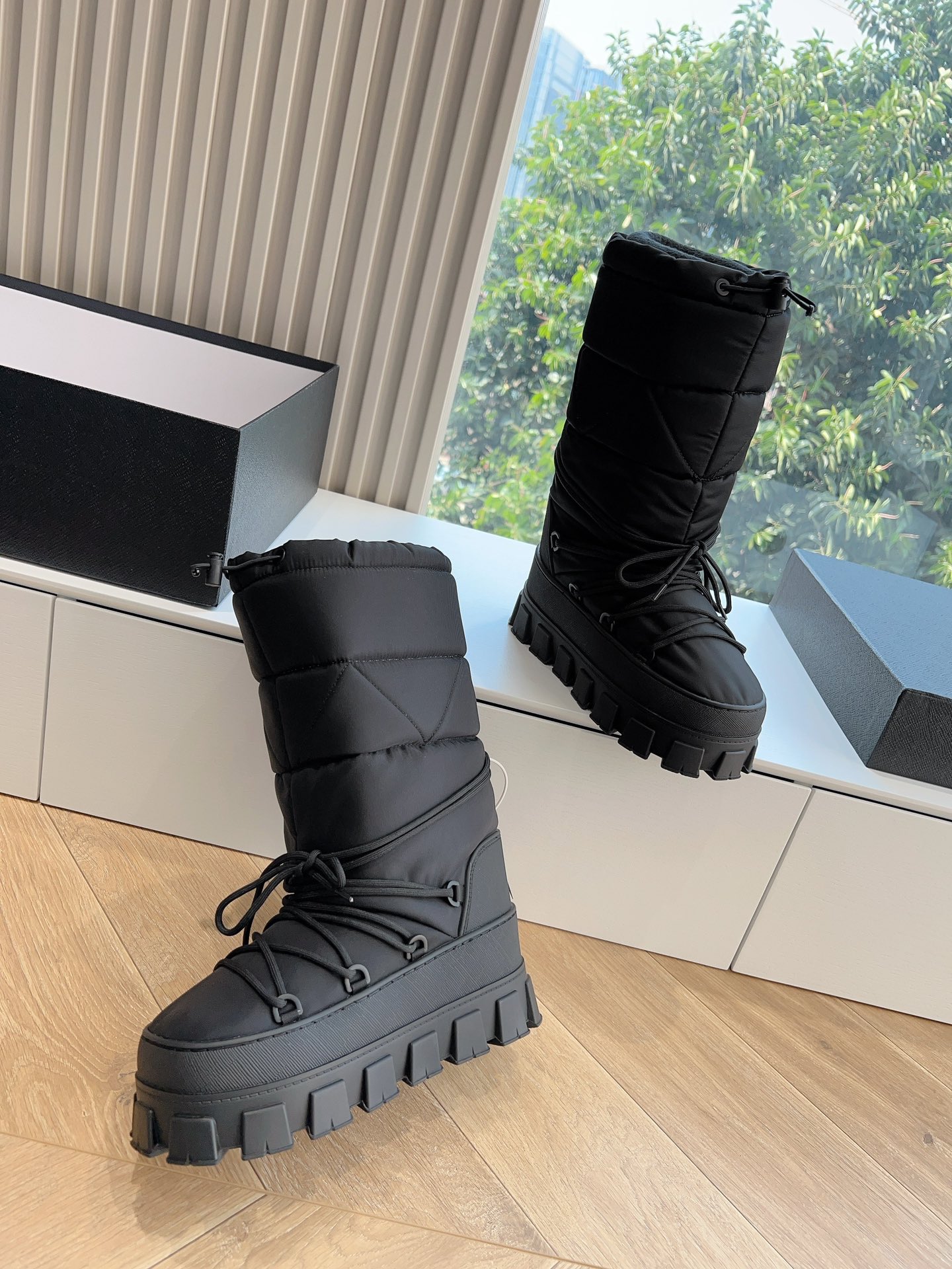 Prada Women's Logo Nylon Gabardine Snow Party Metal Label Gear Thick-Sole Shrink Tie-Up Down Snow Boots