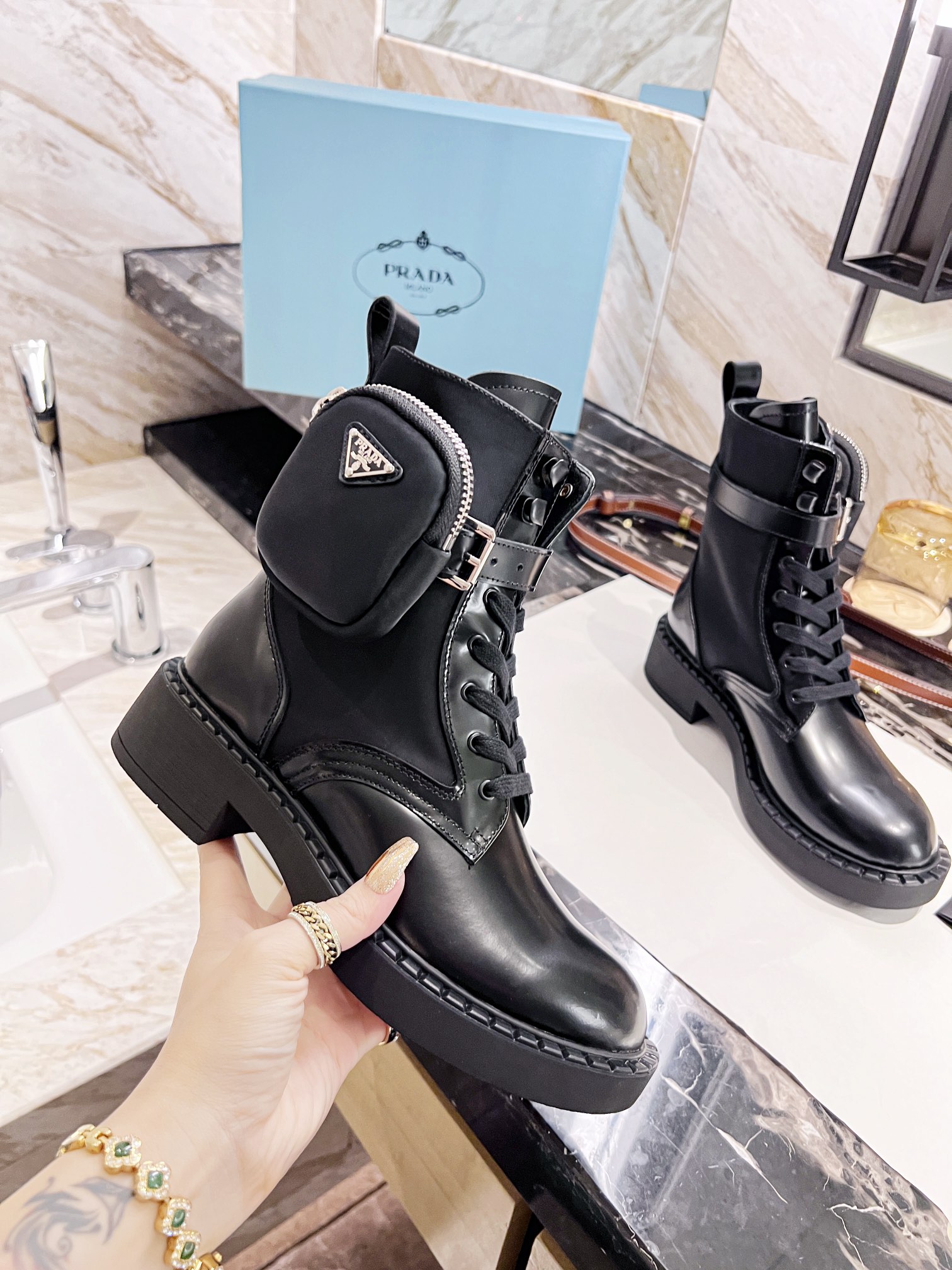 Prada bag bootie chunky soled martin boots Biker boots