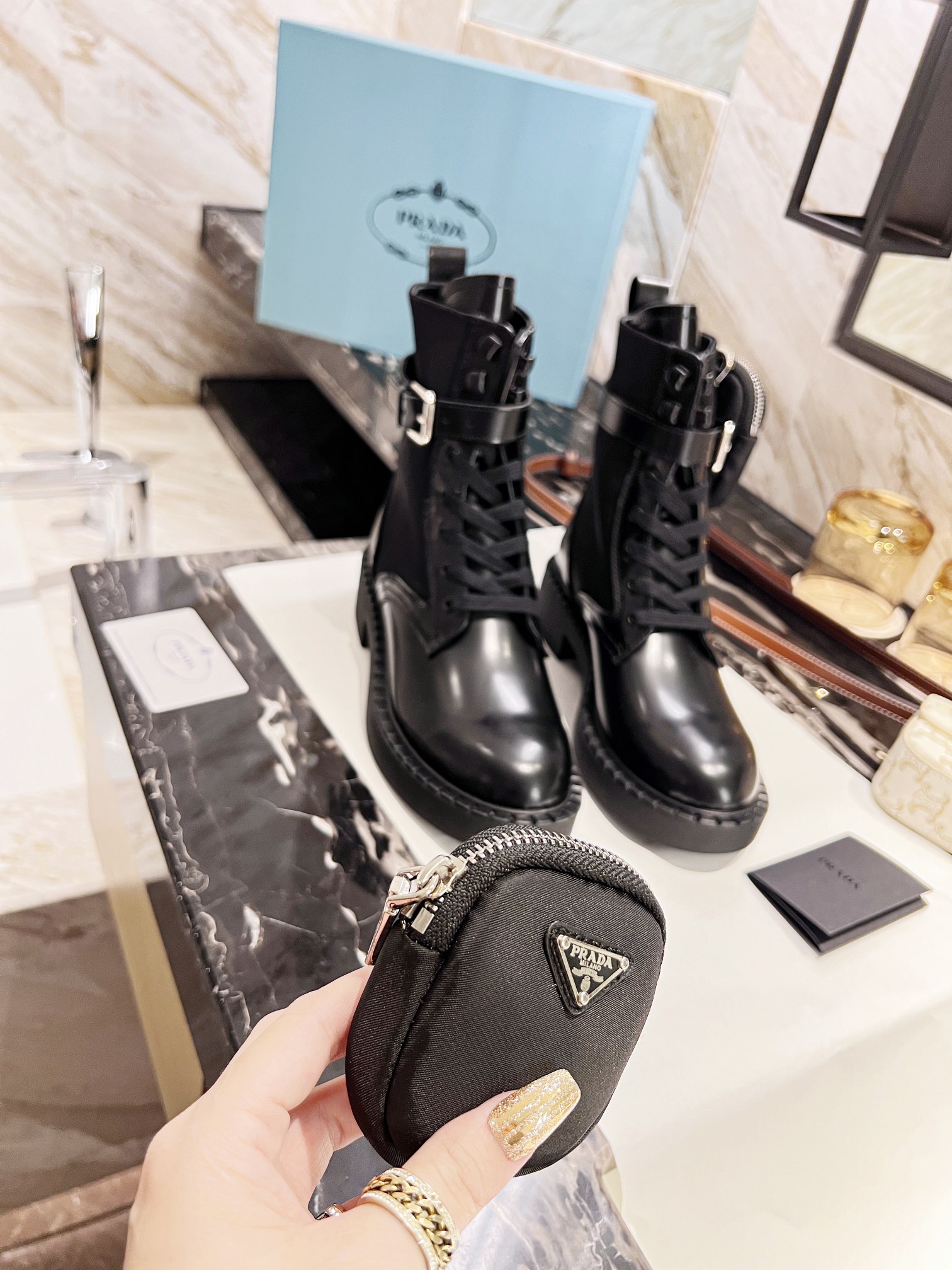 Prada bag bootie chunky soled martin boots Biker boots