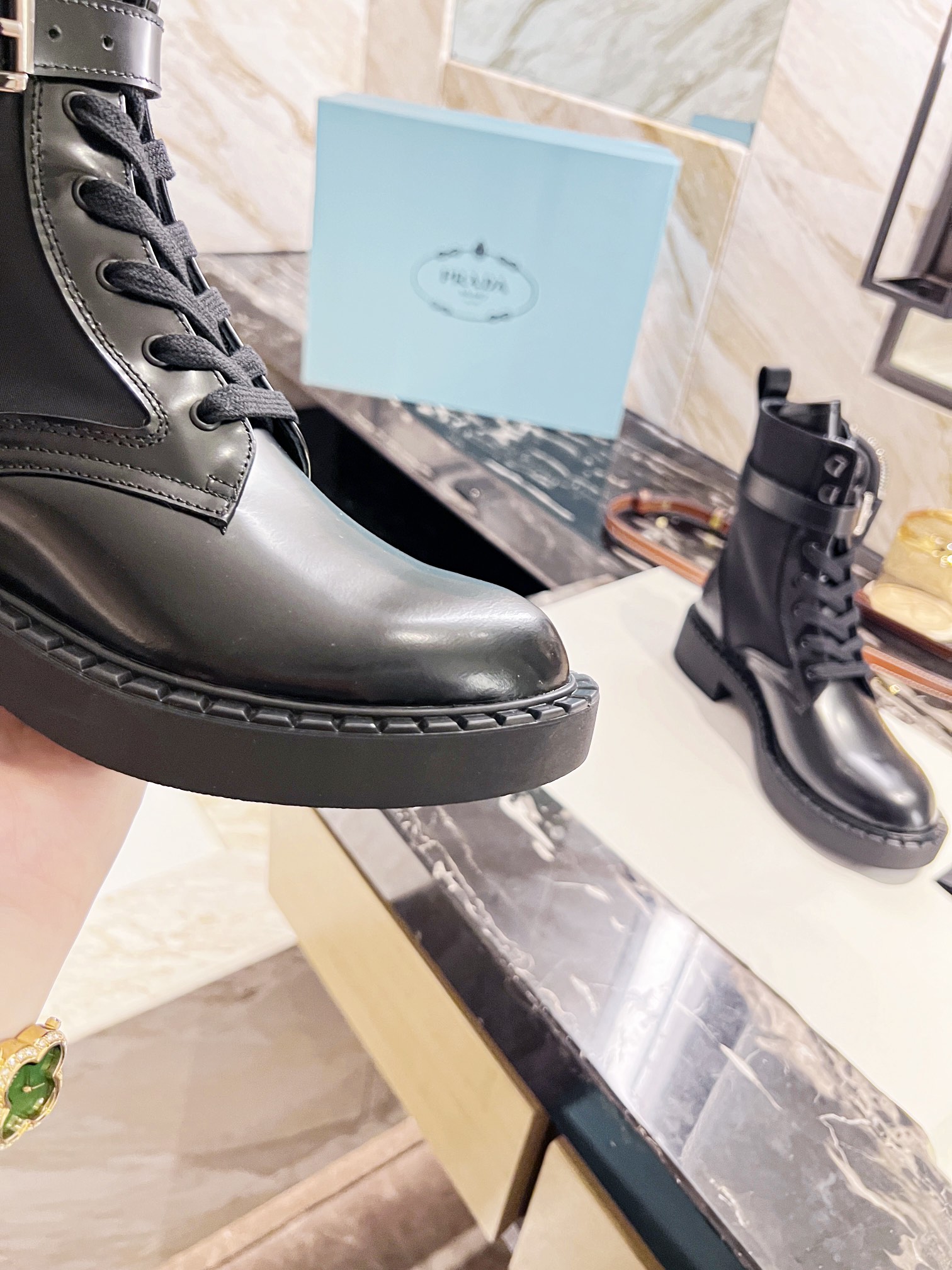 Prada bag bootie chunky soled martin boots Biker boots