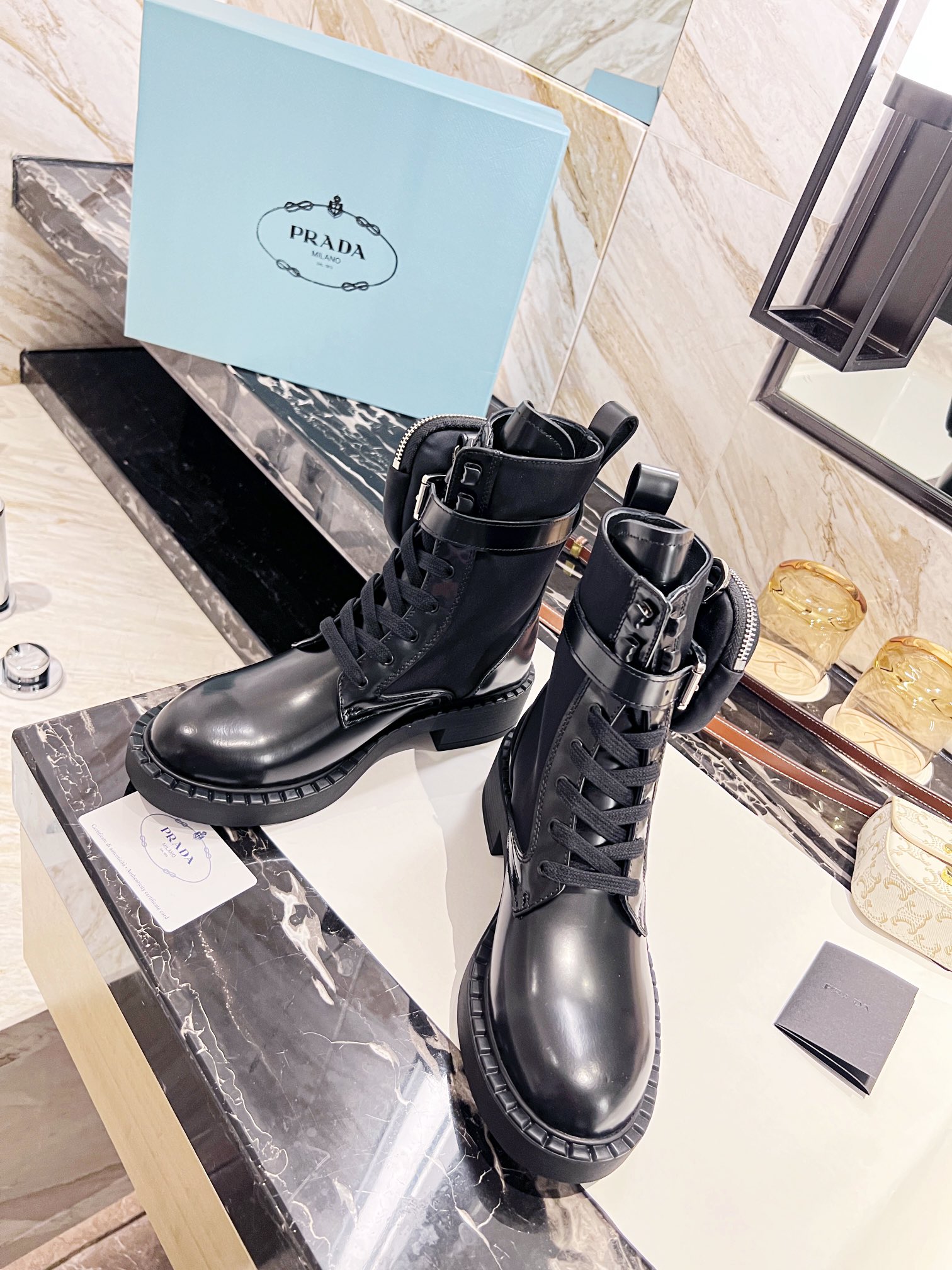 Prada bag bootie chunky soled martin boots Biker boots