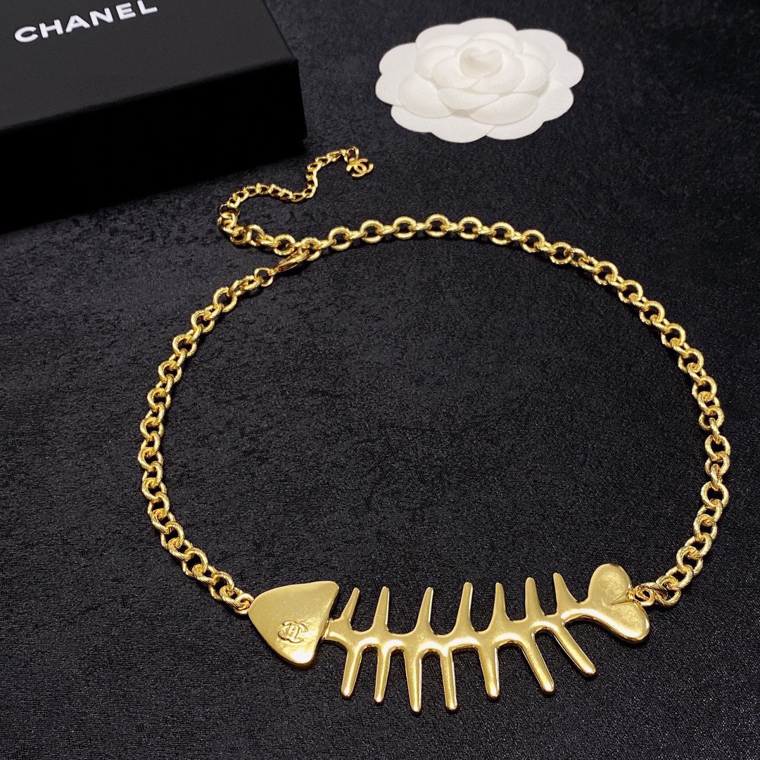 Chanel double C fish skeleton thick chain necklace