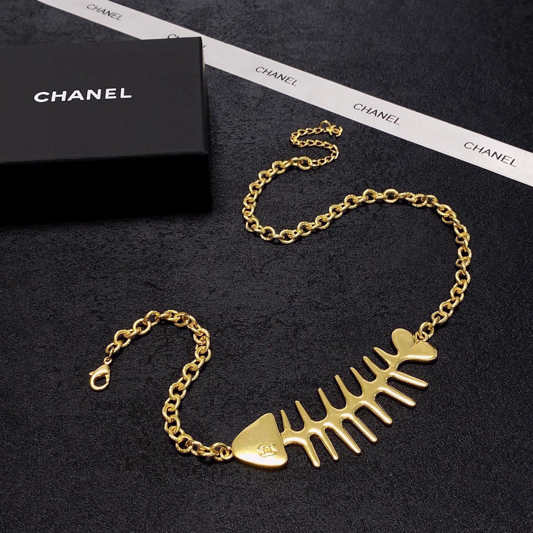 Chanel double C fish skeleton thick chain necklace