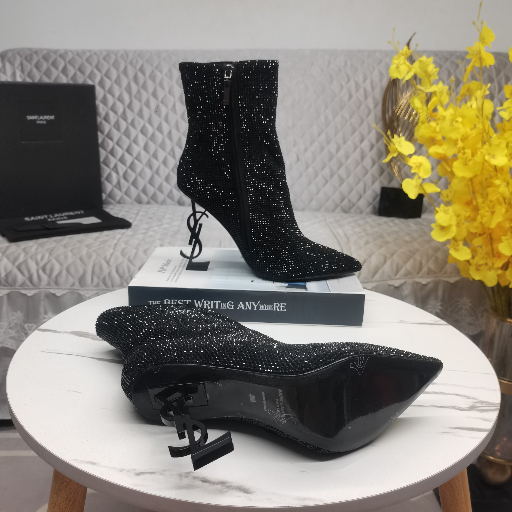 SAINT Laurent YSL All-over diamond logo lettering heel booties