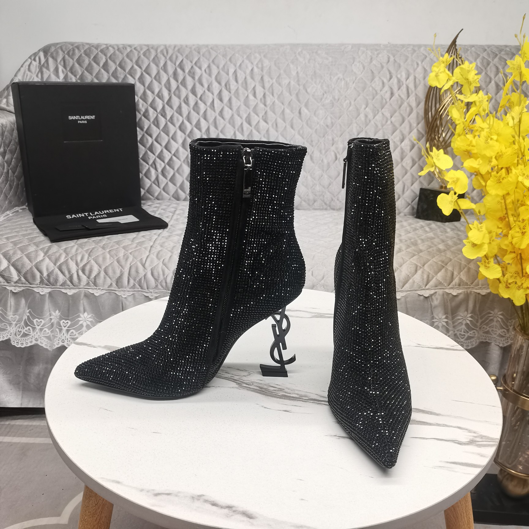 SAINT Laurent YSL All-over diamond logo lettering heel booties