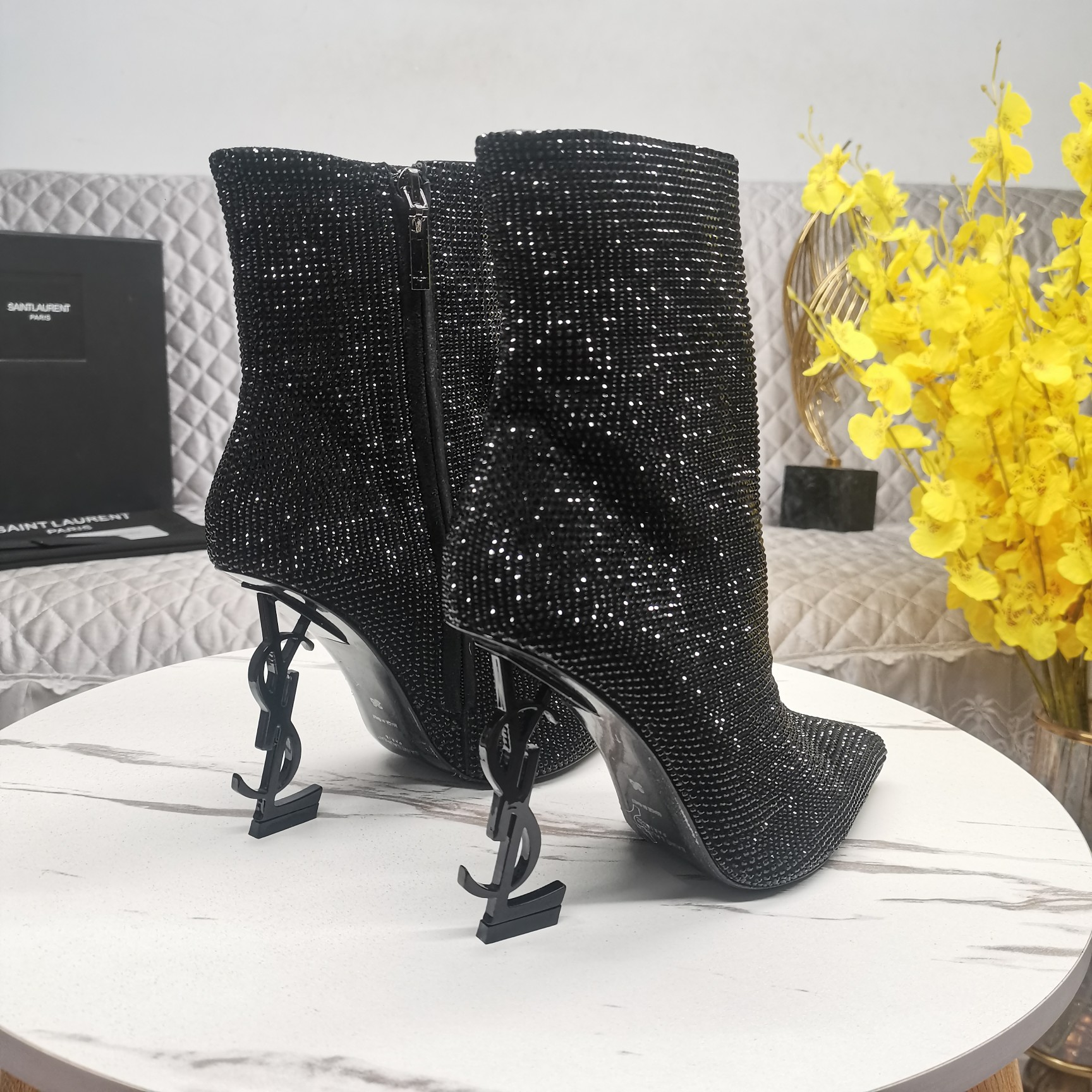 SAINT Laurent YSL All-over diamond logo lettering heel booties