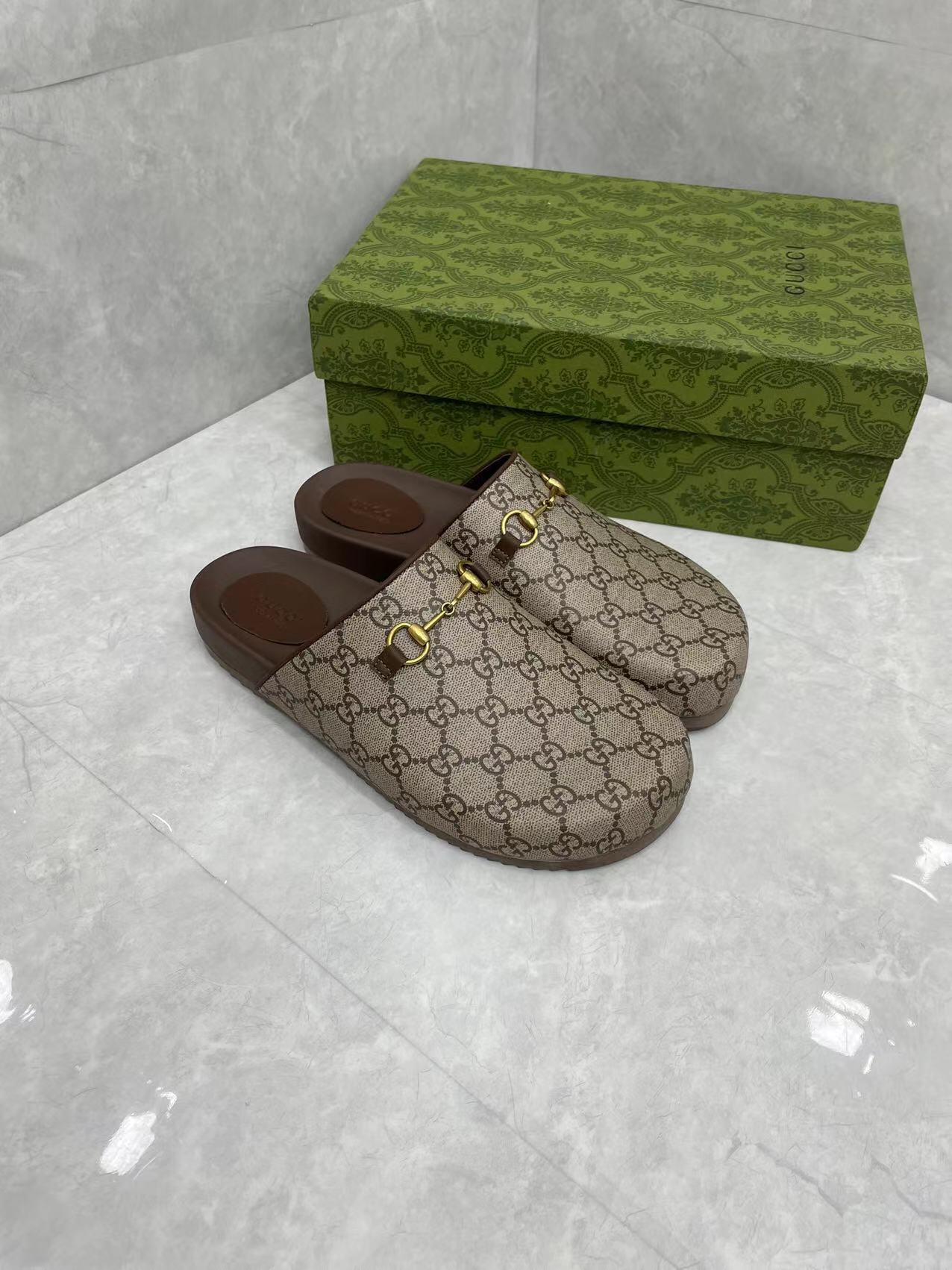 Gucci couple's matching slippers, the GG horsebit mules