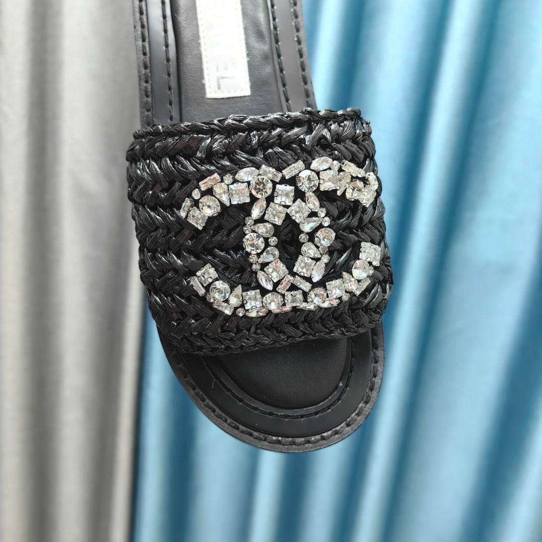CHANEL Rhinestone woven slippers