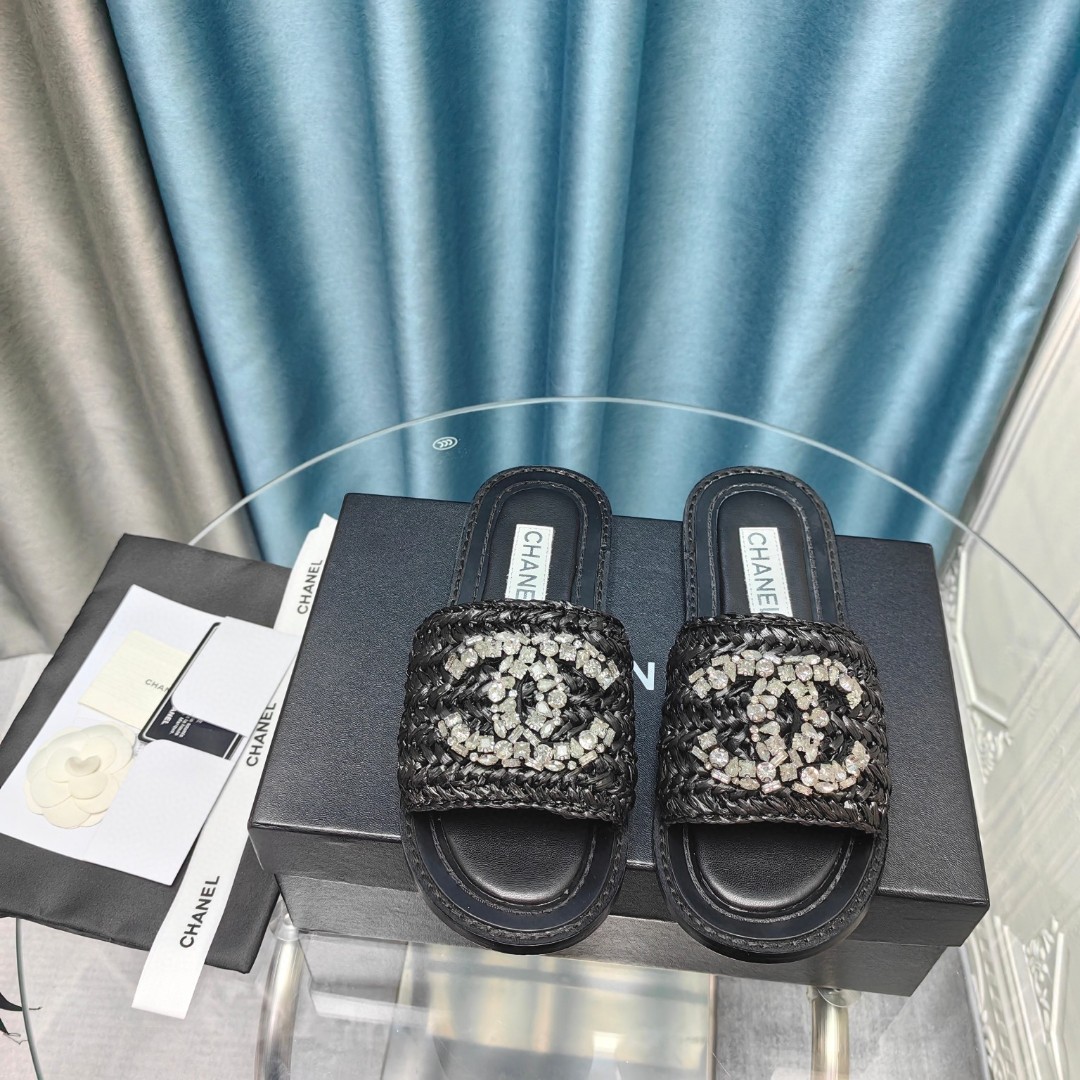 CHANEL Rhinestone woven slippers