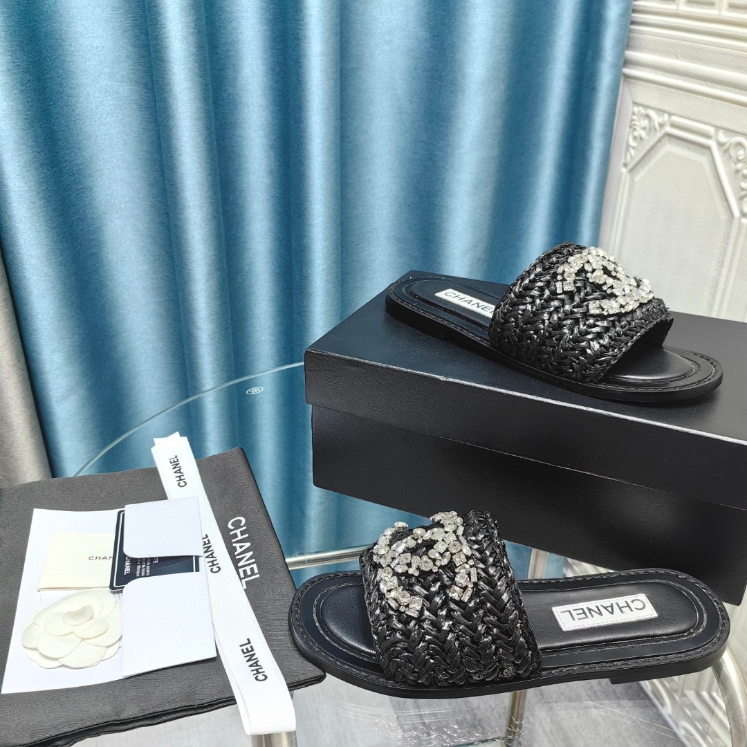 CHANEL Rhinestone woven slippers