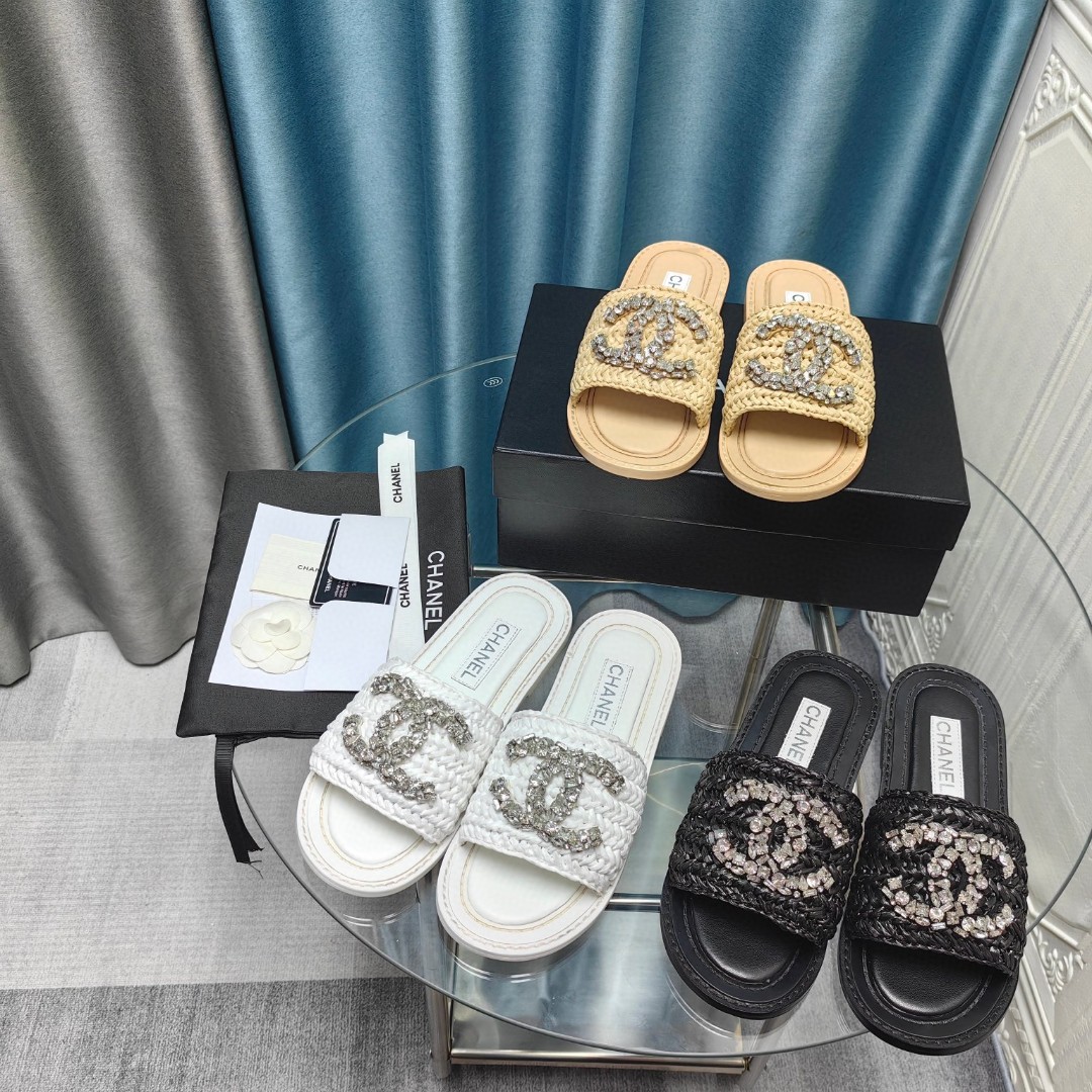 CHANEL Rhinestone woven slippers