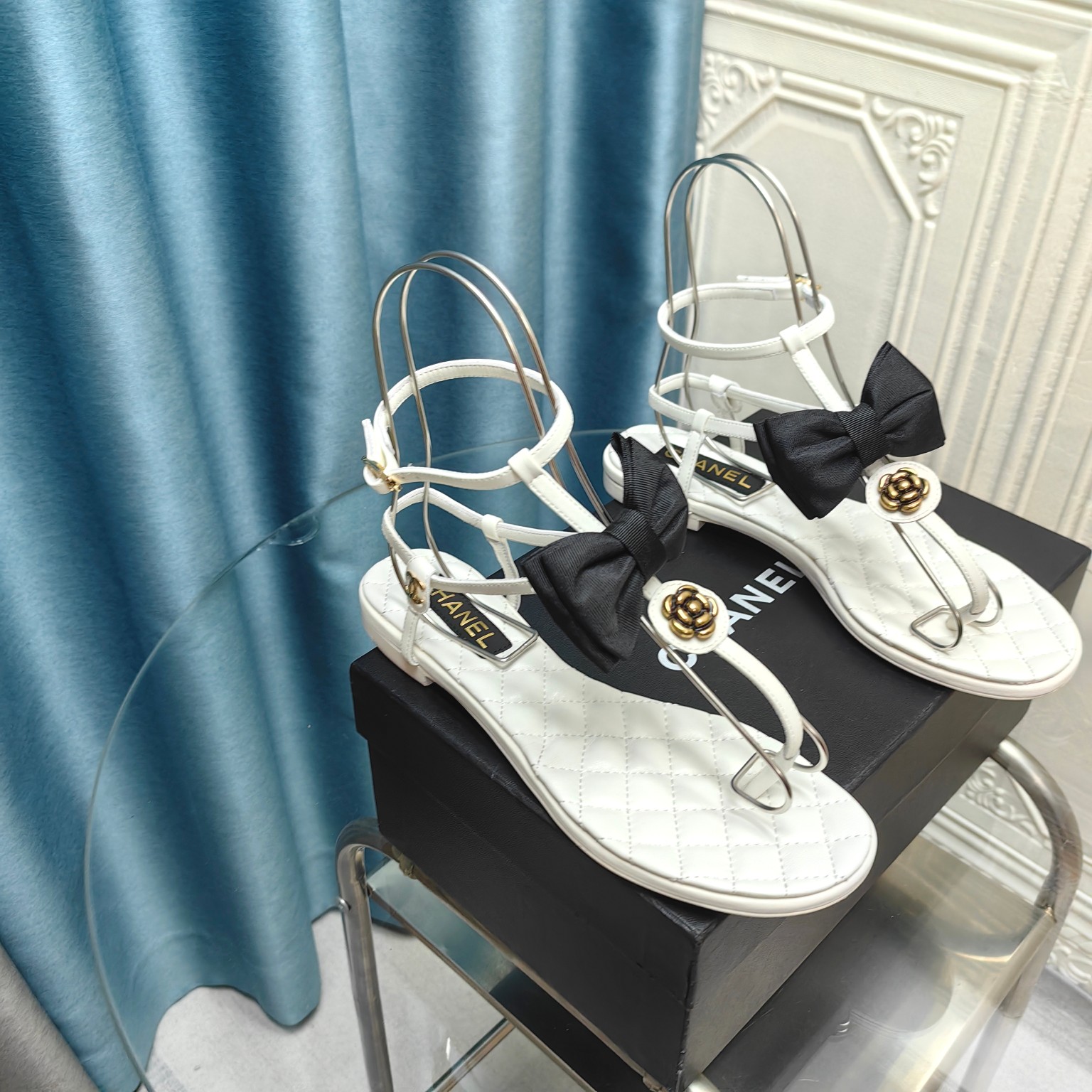 CHANEL Flat ribbon camellia sandals