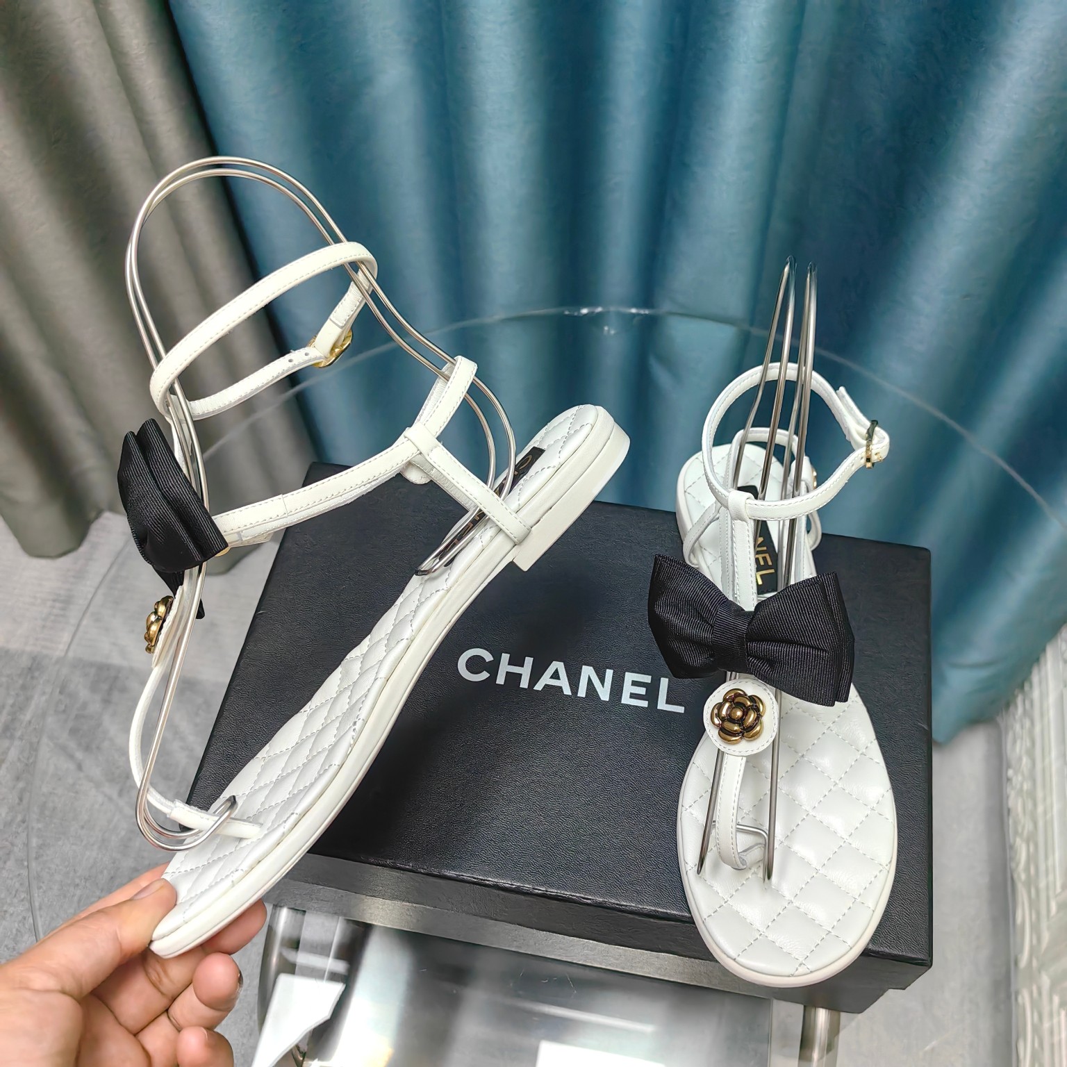 CHANEL Flat ribbon camellia sandals