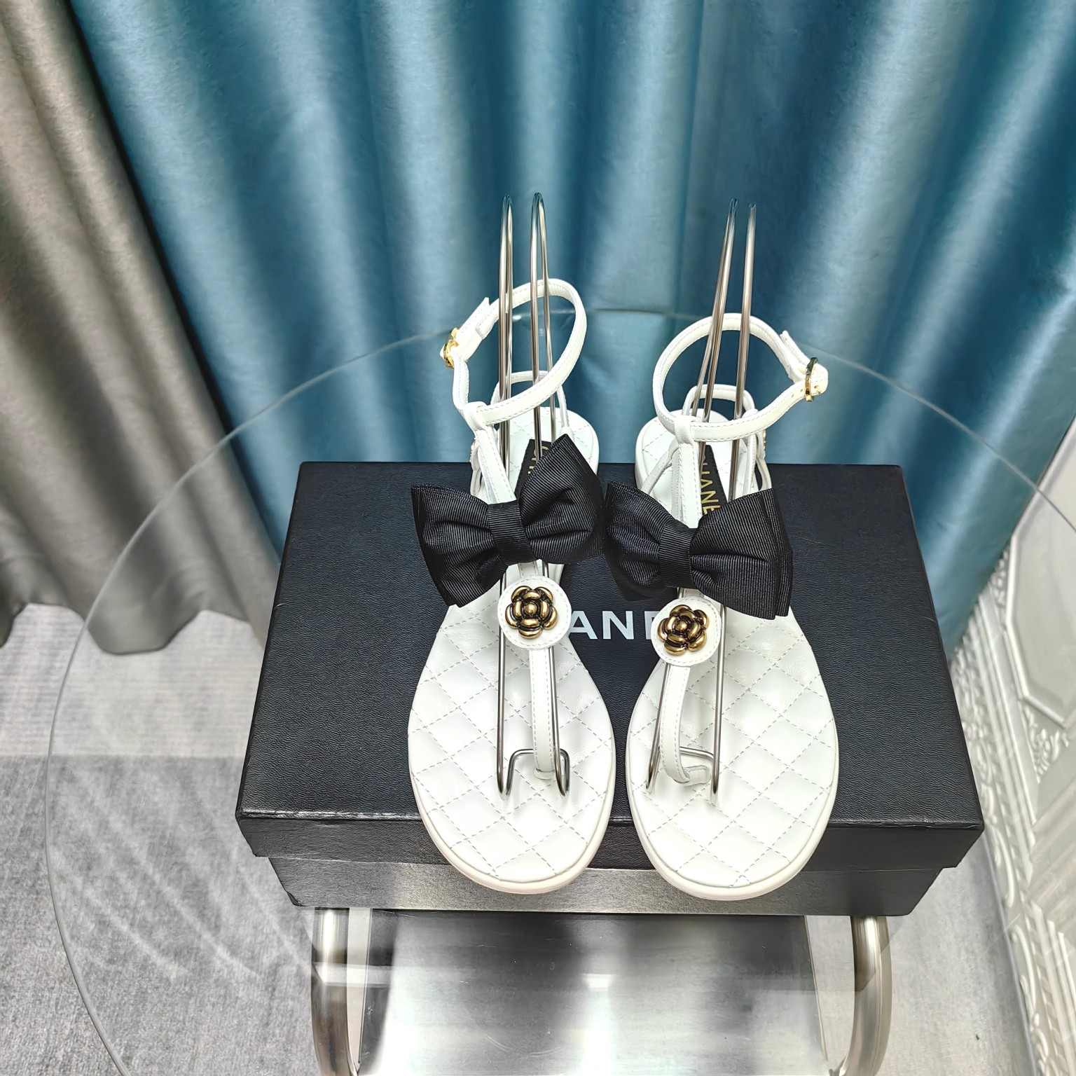 CHANEL Flat ribbon camellia sandals