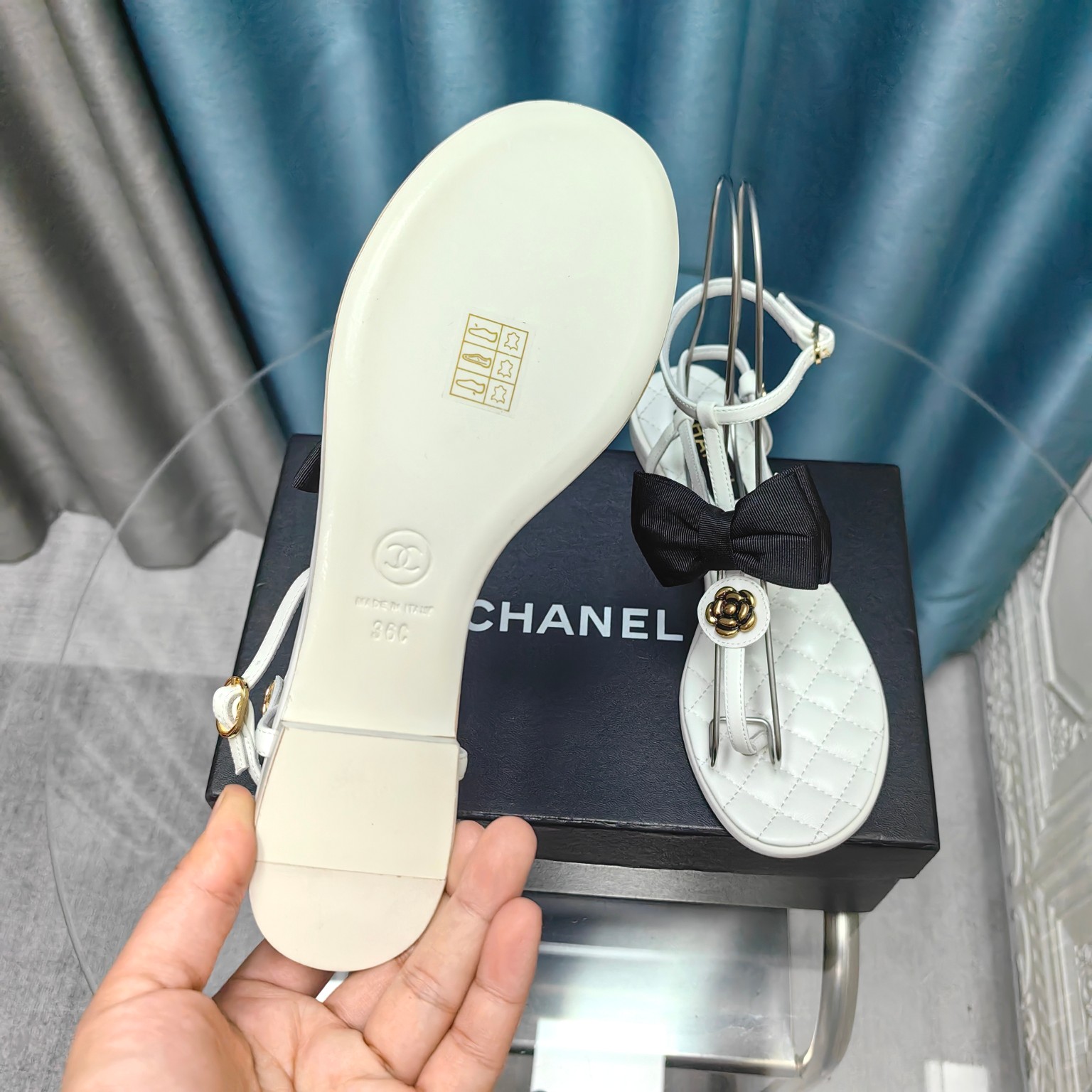 CHANEL Flat ribbon camellia sandals
