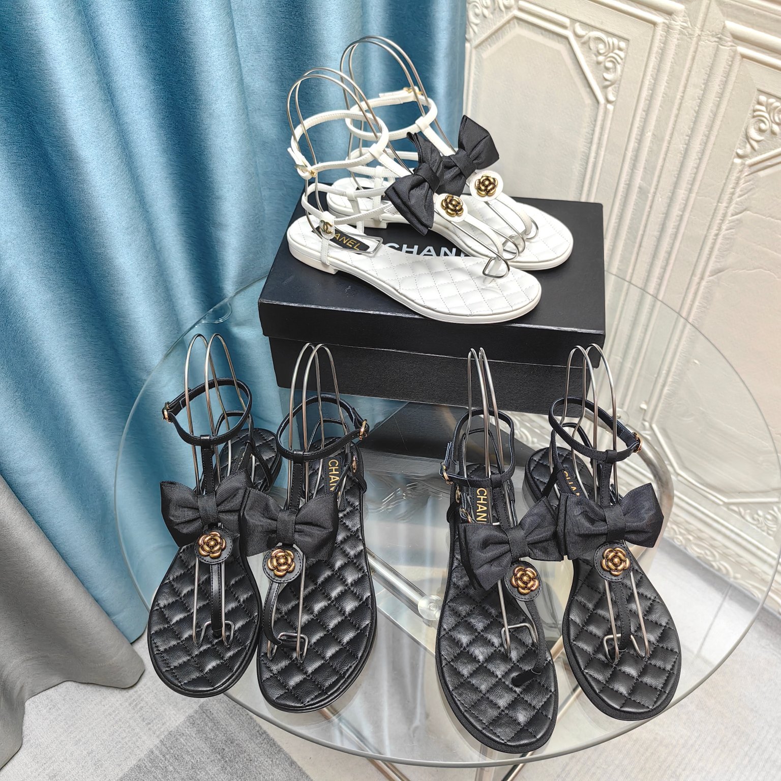 CHANEL Flat ribbon camellia sandals