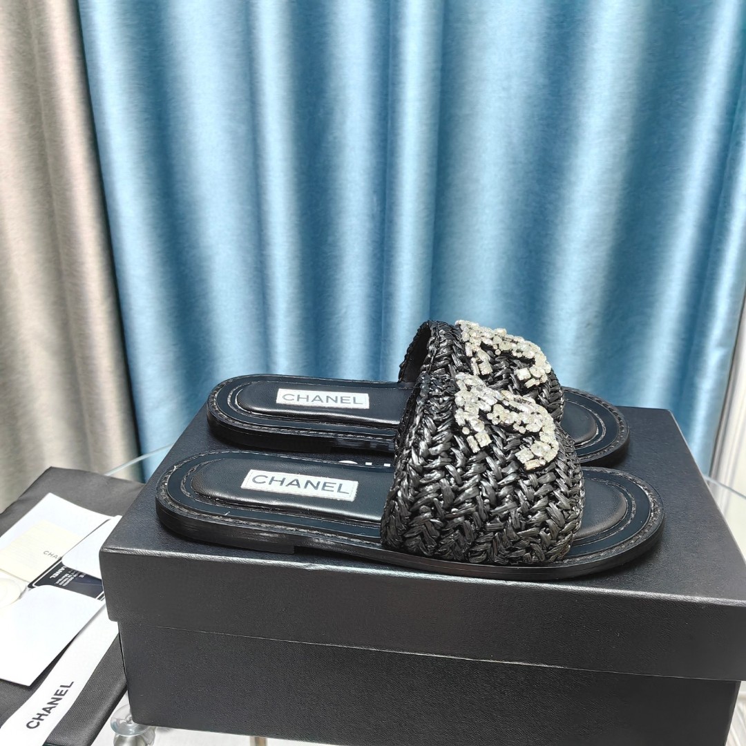 CHANEL Rhinestone woven slippers