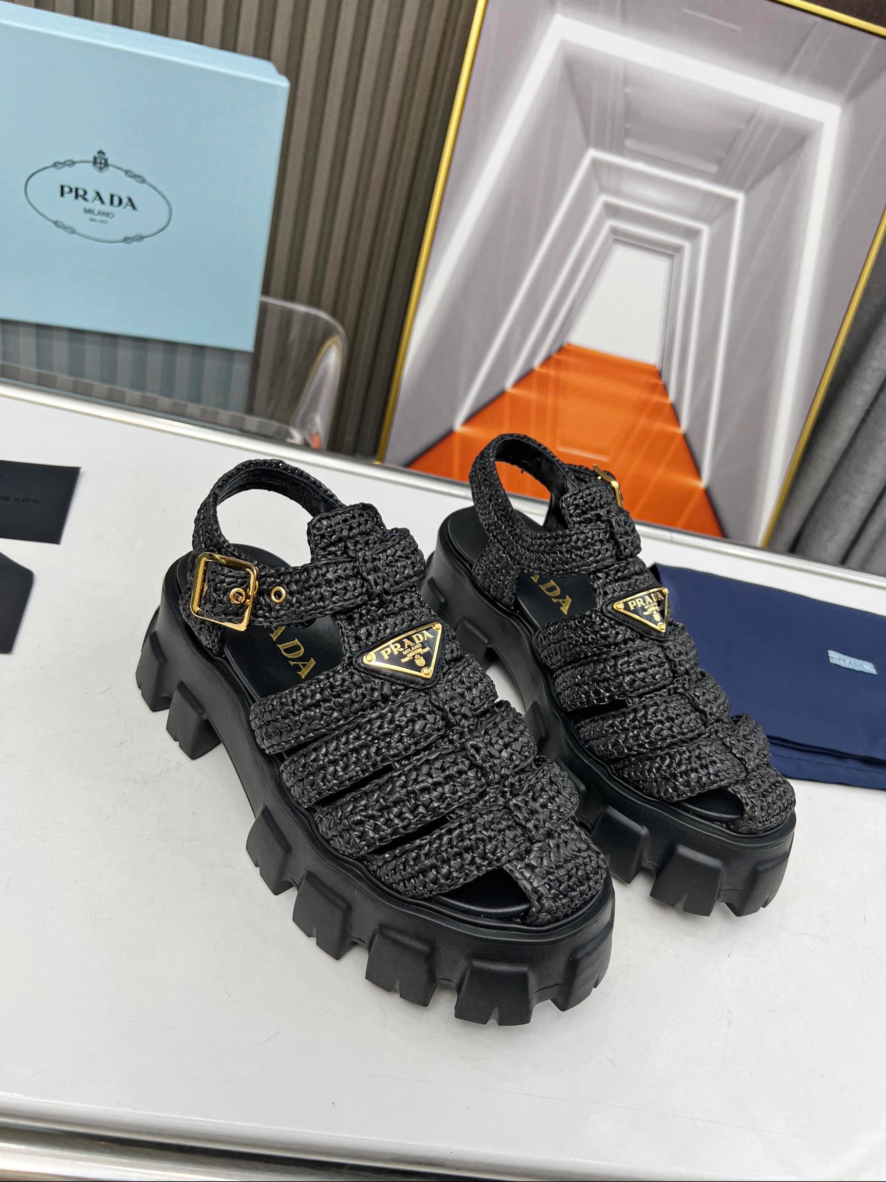 Prada  Monolith Crocheted cage sandals