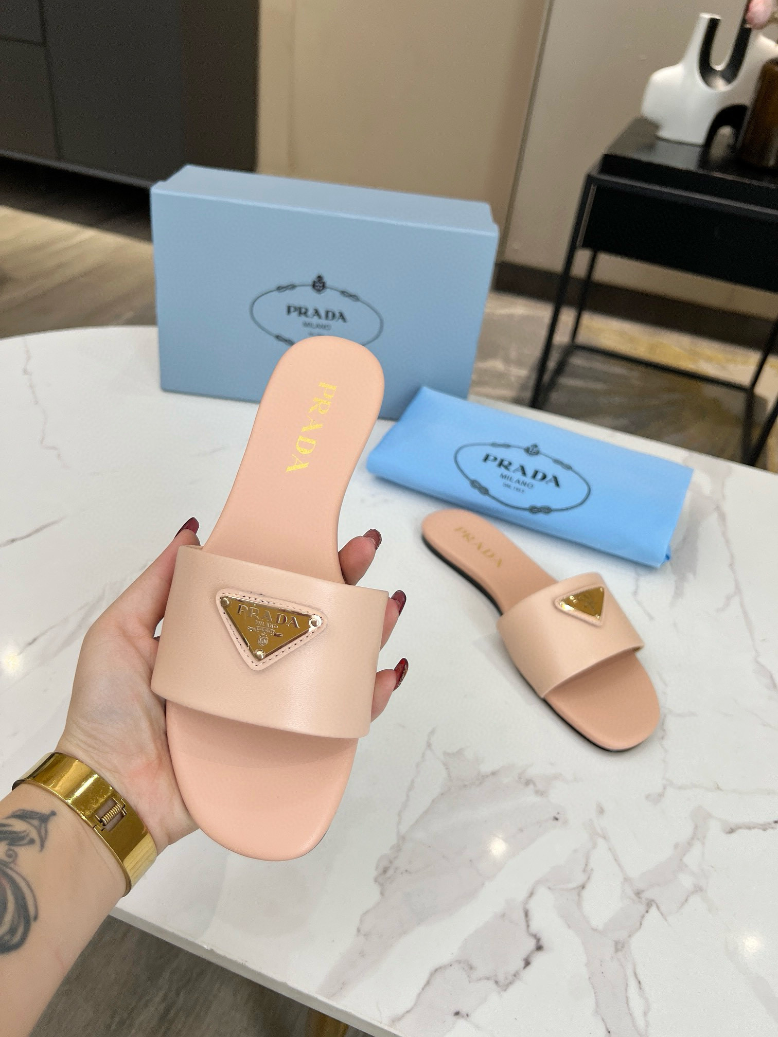 prada Triangle logo flat bottomed women's shoes Diamond slippers size 35-43