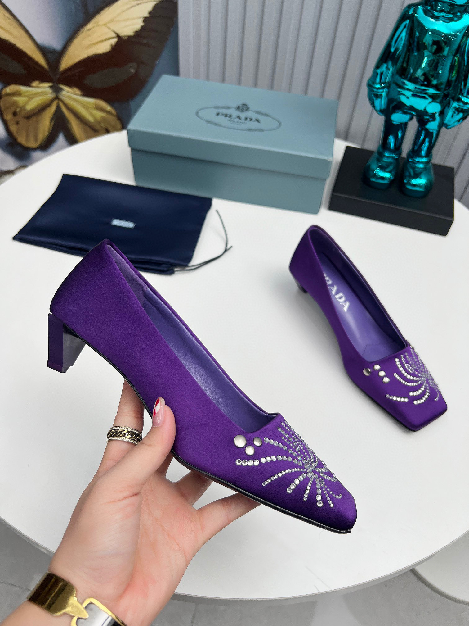 Prada Cross Heel Silk Hot Diamond High Heel Single Shoes