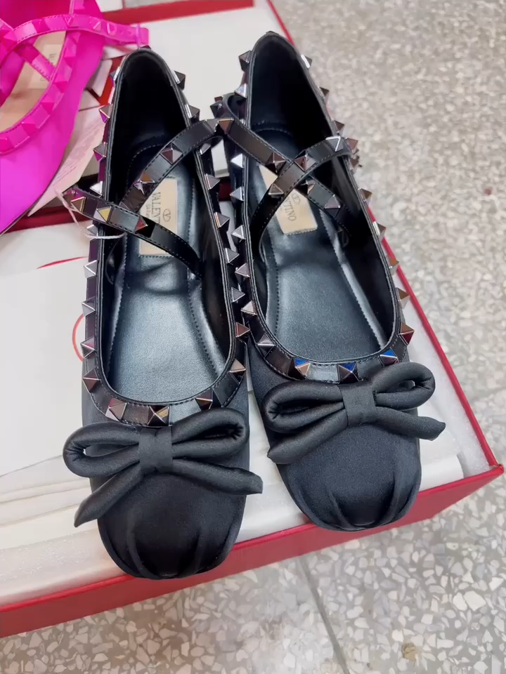 Valentino Riveted silk flat bottom ballet shoes