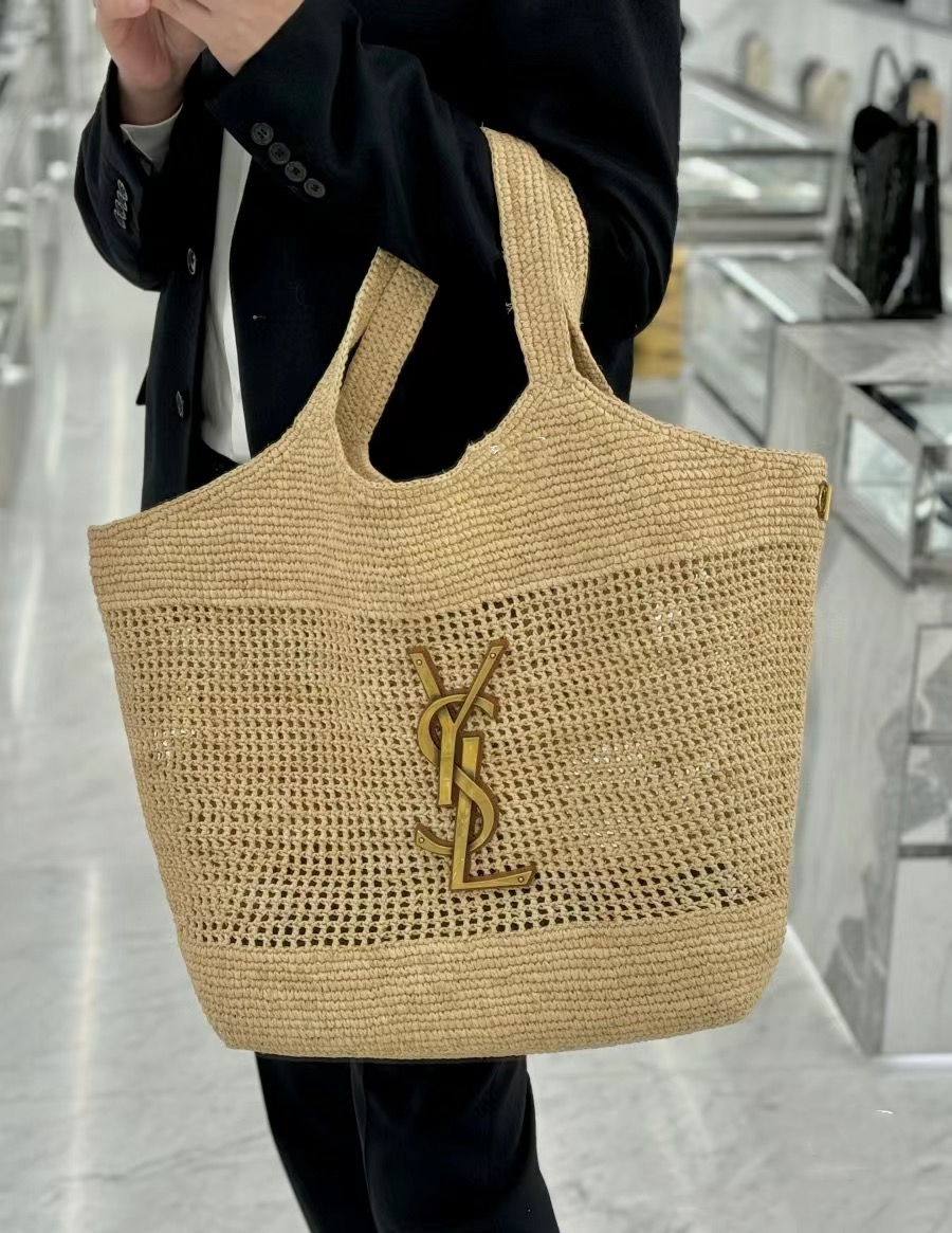 YSL ICARE Raffia crochet shopping bag