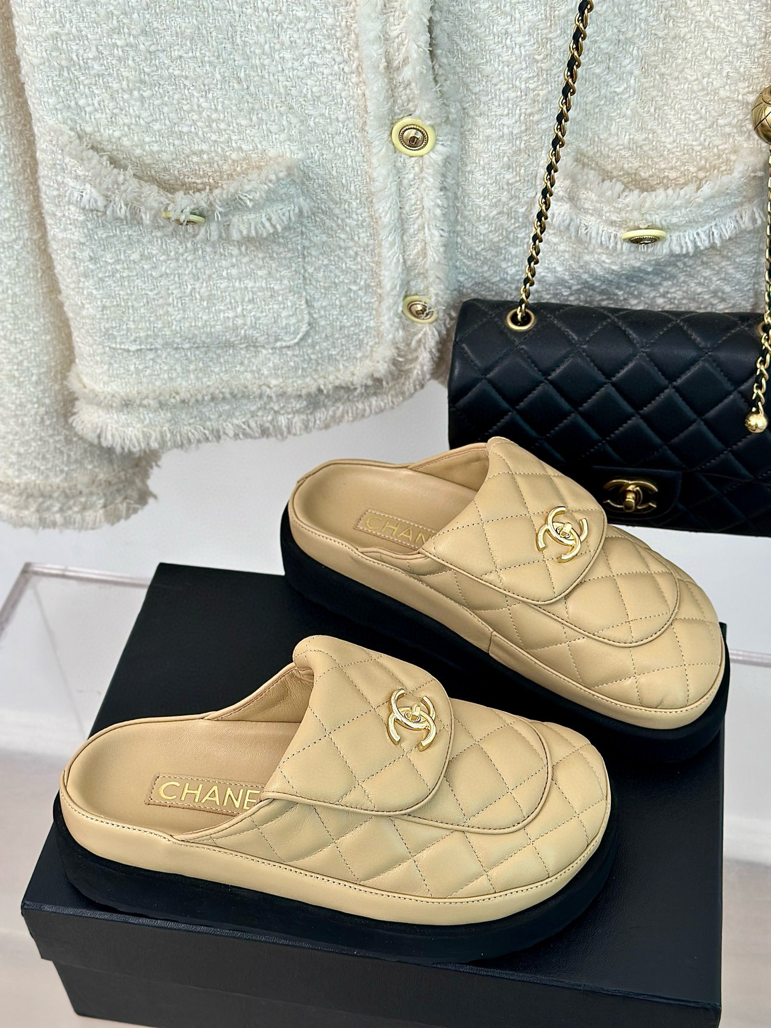 CHANEL buckle diamond birkenstock slippers