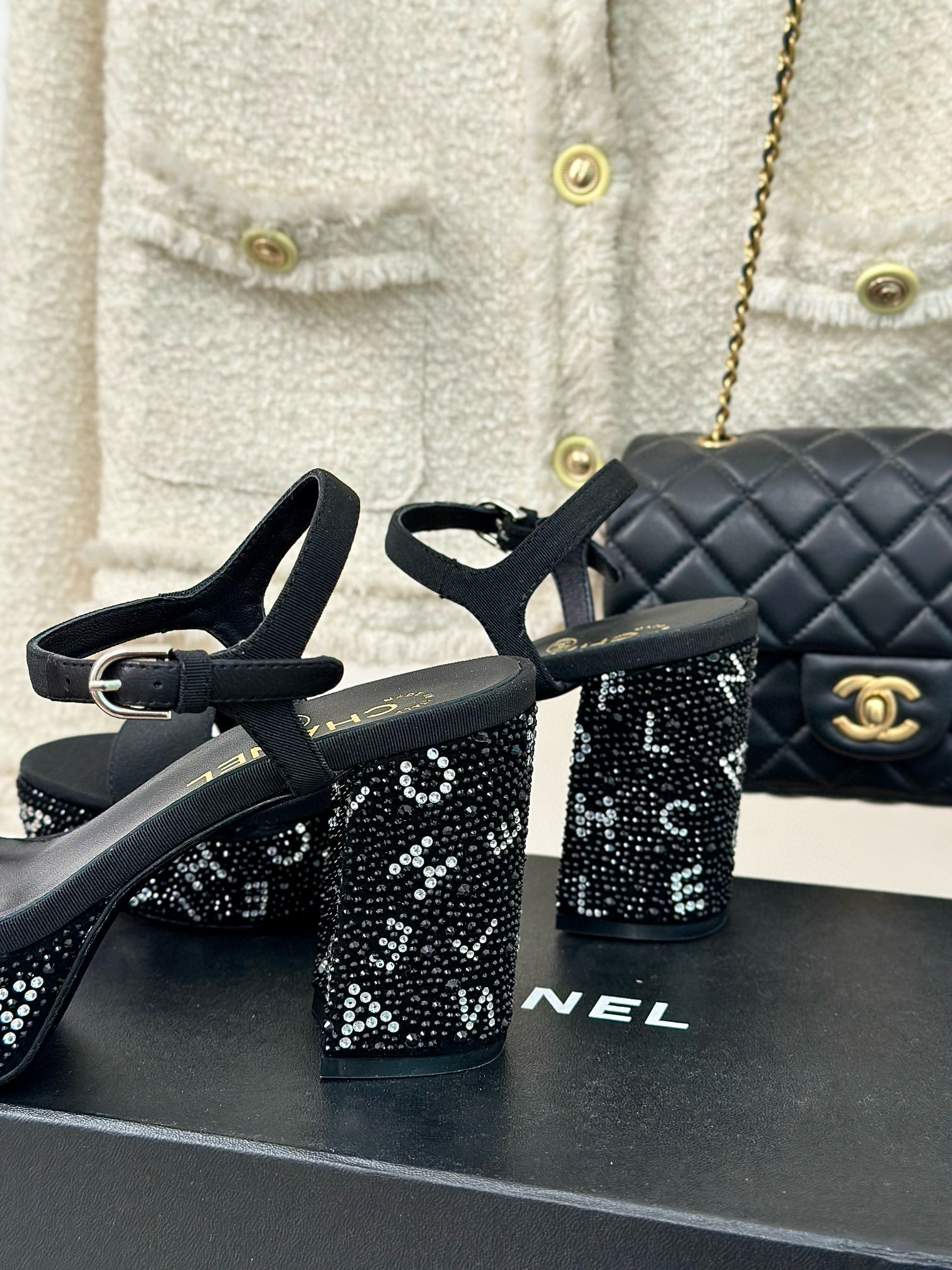 CHANEL Rhinestone Chunky Sandals Heels