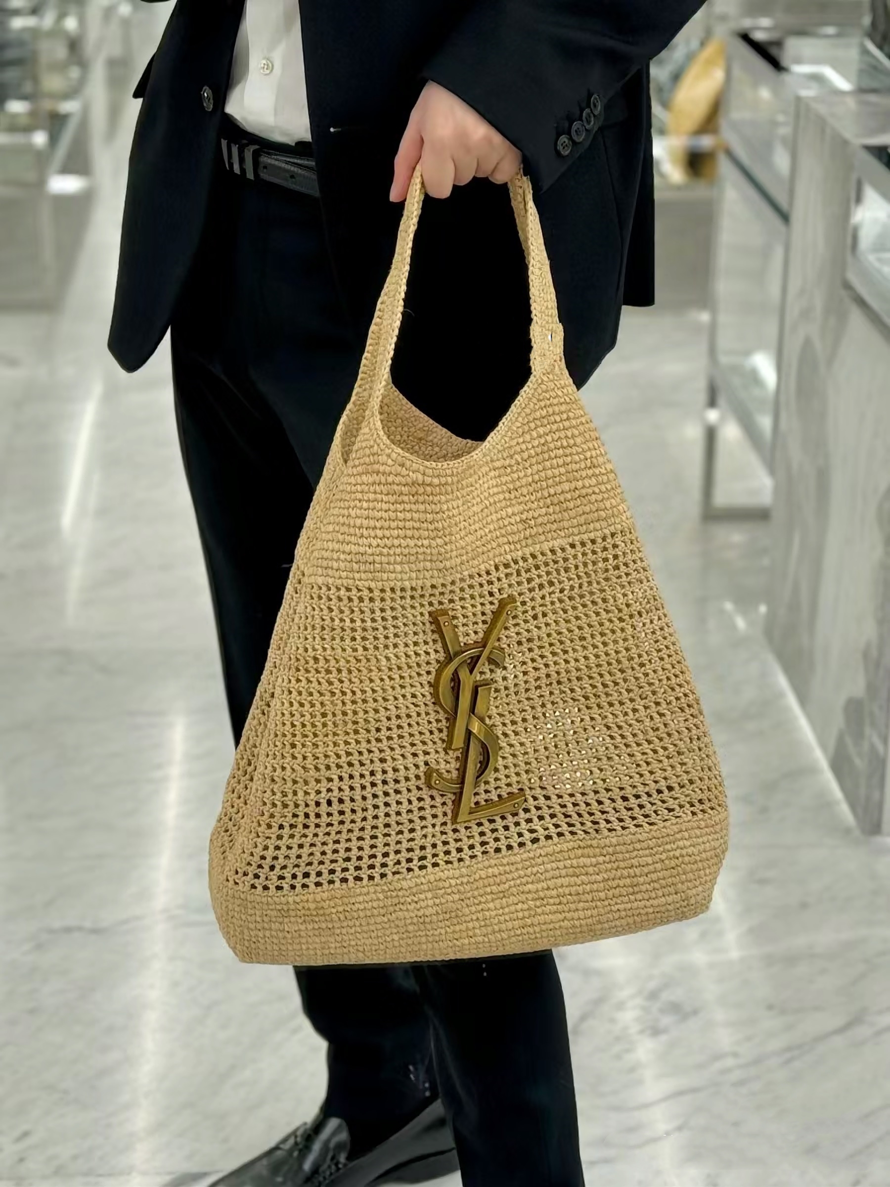 YSL ICARE Raffia crochet shopping bag