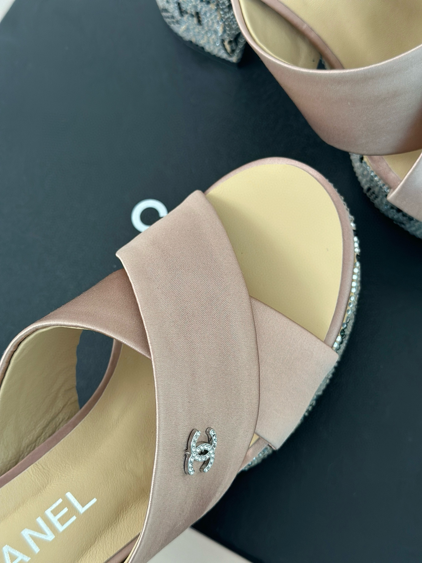 CHANEL Rhinestone cross platform slippers