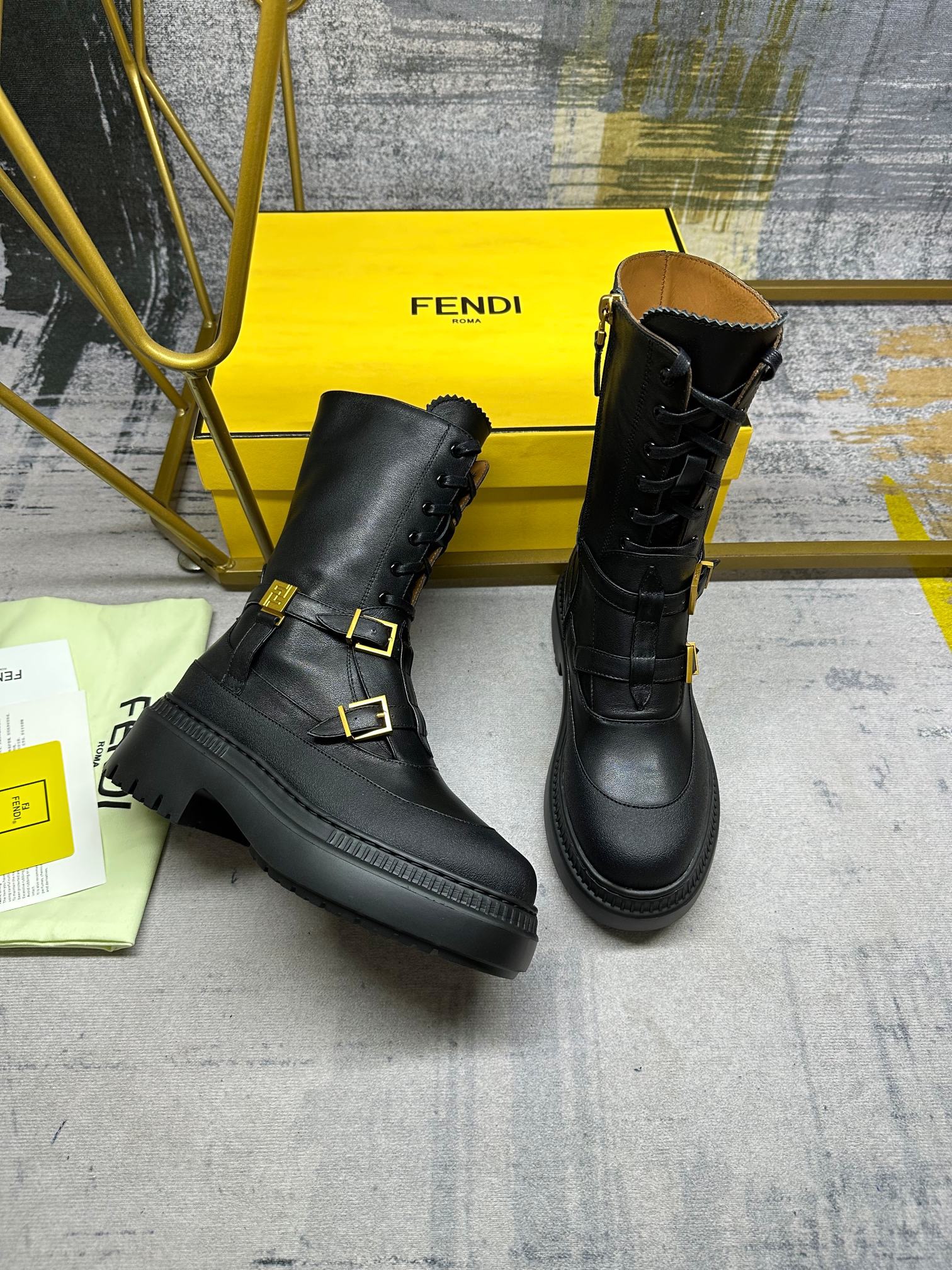 FENDI Delfina Black leather biker boots