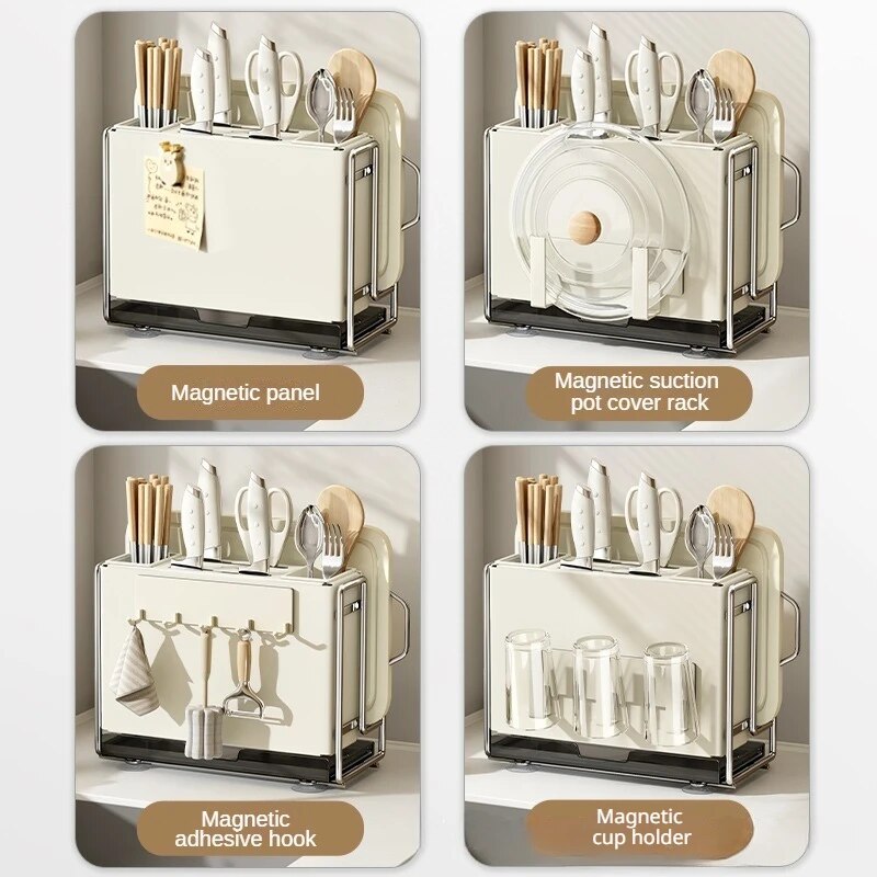 Ins Kitchen Storage Rack, Stainless Steel Drainer Rack, Knife Holder, Integrated Tableware Storage Organizer Kitchen Accessories