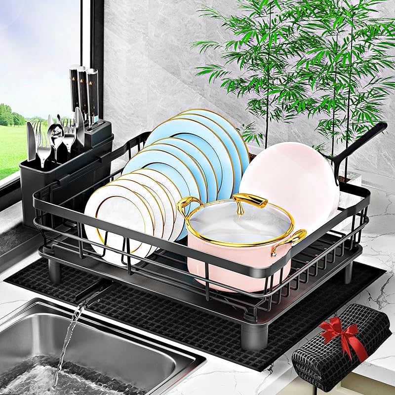 Dish Drying Rack,Dish Racks for Kitchen Counter,Dish Drainers with Removable Utensil Holder,Dish Drying Rack with Drainboard and Extra Dish Drying Mat