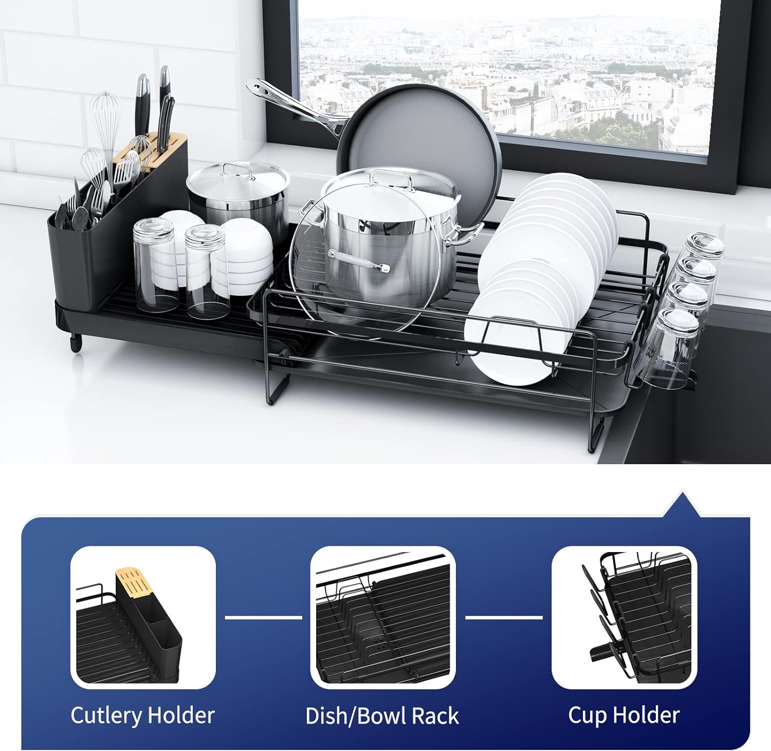 Kitsure Large Dish Drying Rack - Extendable Dish Rack, Multifunctional Dish Rack for Kitchen Counter, Anti-Rust Drying Dish Rack with Cutlery & Cup Holders