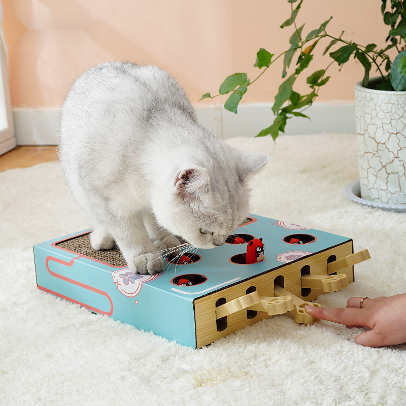 Wooden Cat Toy Box Hide And Seek Toy Box, Interactive Whack A Mole Mouse Punch Game Toy Exercise Tool With 5 Holes And Corrugated Paper Cat Scratching Pad