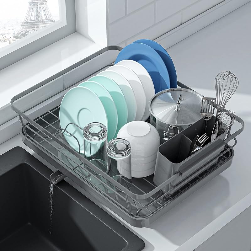 Kitsure Dish Drying Rack- Space-Saving Dish Rack, Dish Racks for Kitchen Counter, Durable Stainless Steel Kitchen Drying Rack with a Cutlery Holder, Black