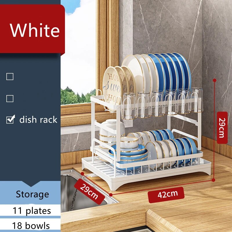 Double-layer Kitchen Dish Bowl Drying Rack with Drainboard Dish Racks With Chopstick Cage Tableware Organizer Basket Drain